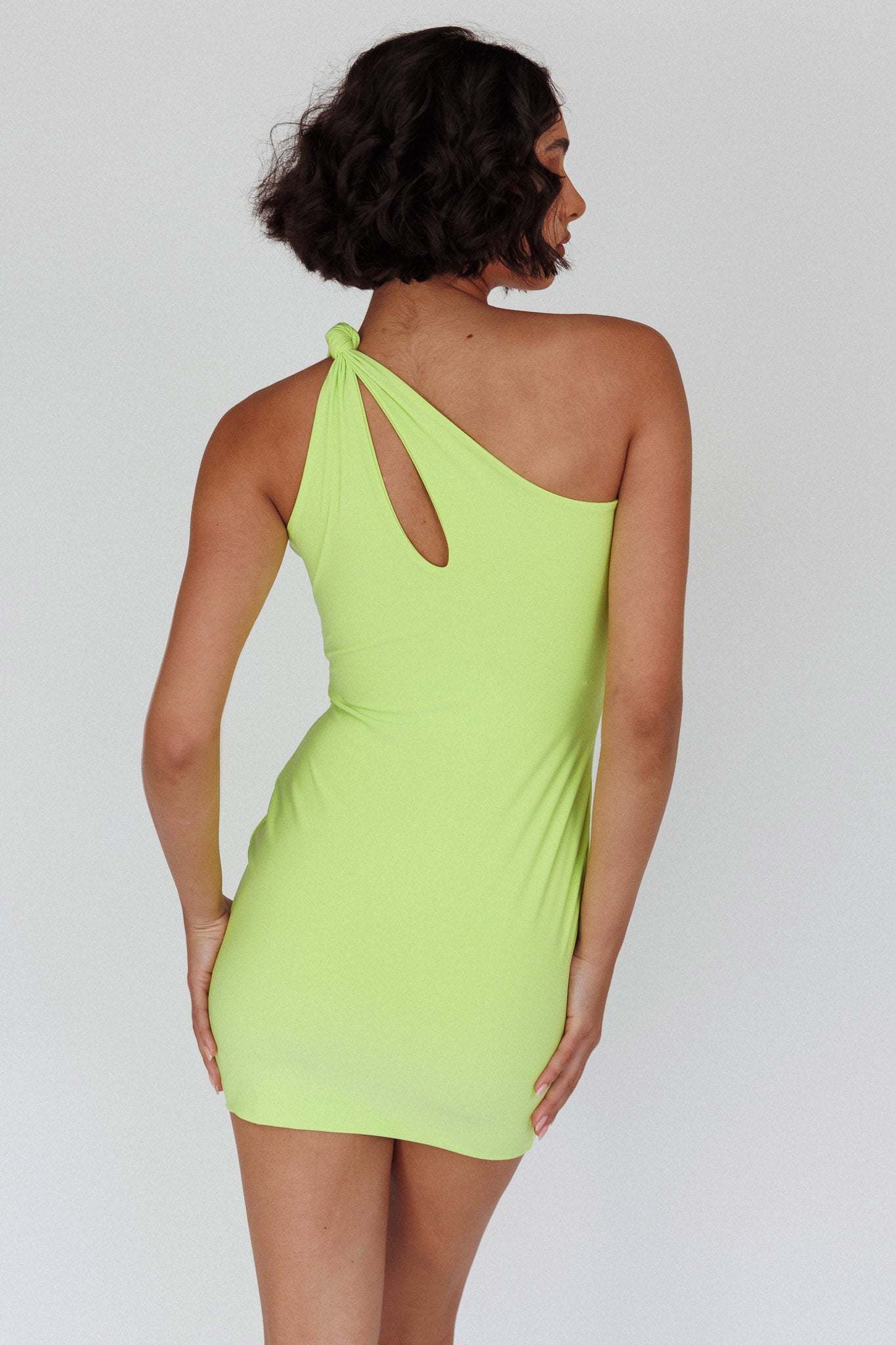 Malaga One-Shoulder Keyhole Mini Dress Lime-Maymioy