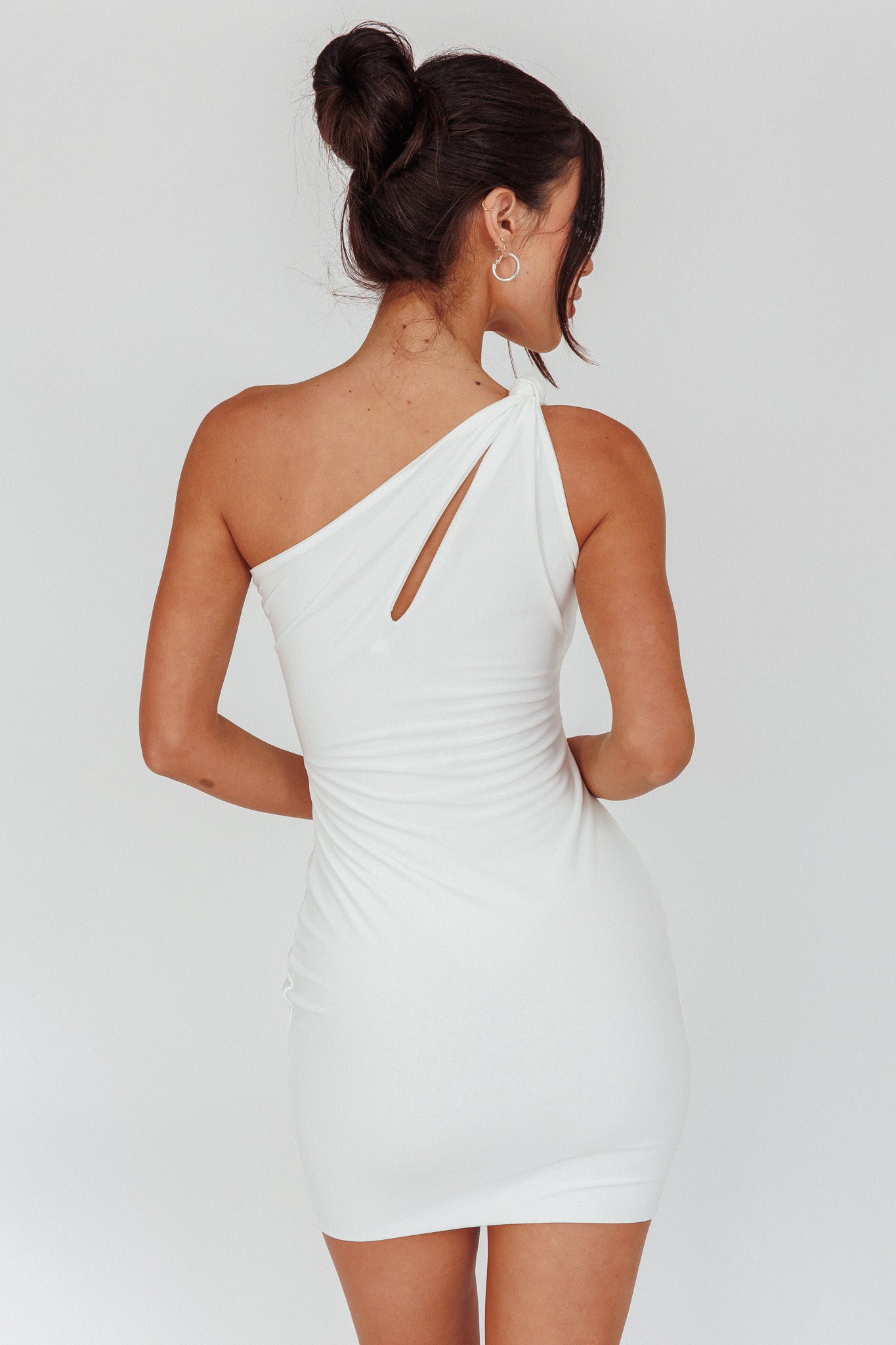 Malaga One-Shoulder Keyhole Mini Dress Off White-Maymioy