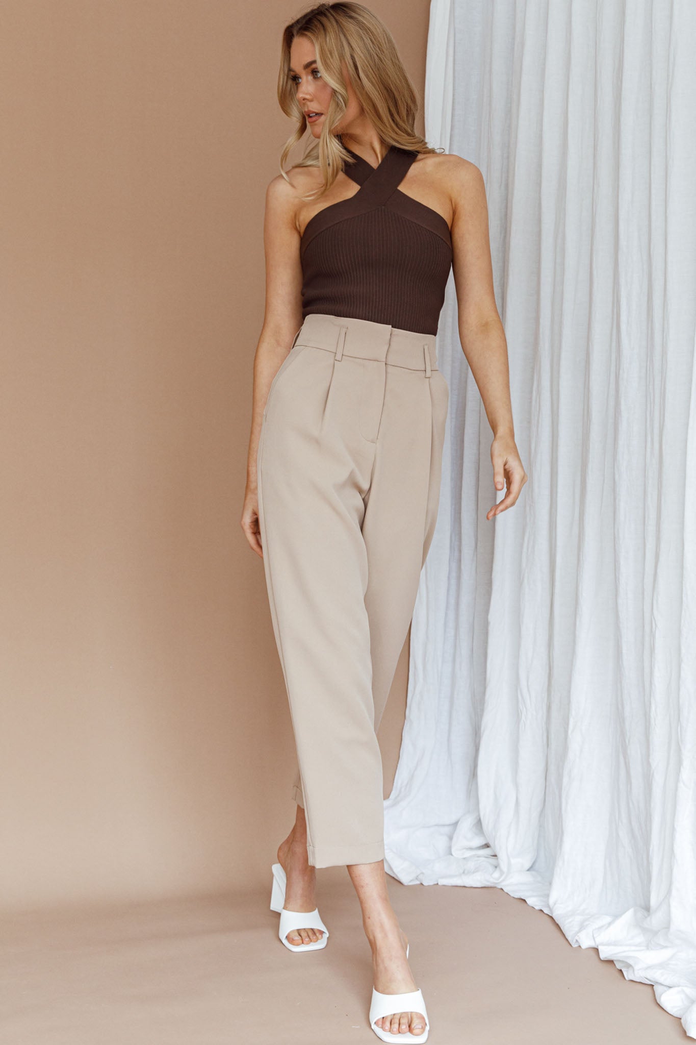Kansas Crossover Neck Knit Top Brown-Maymioy