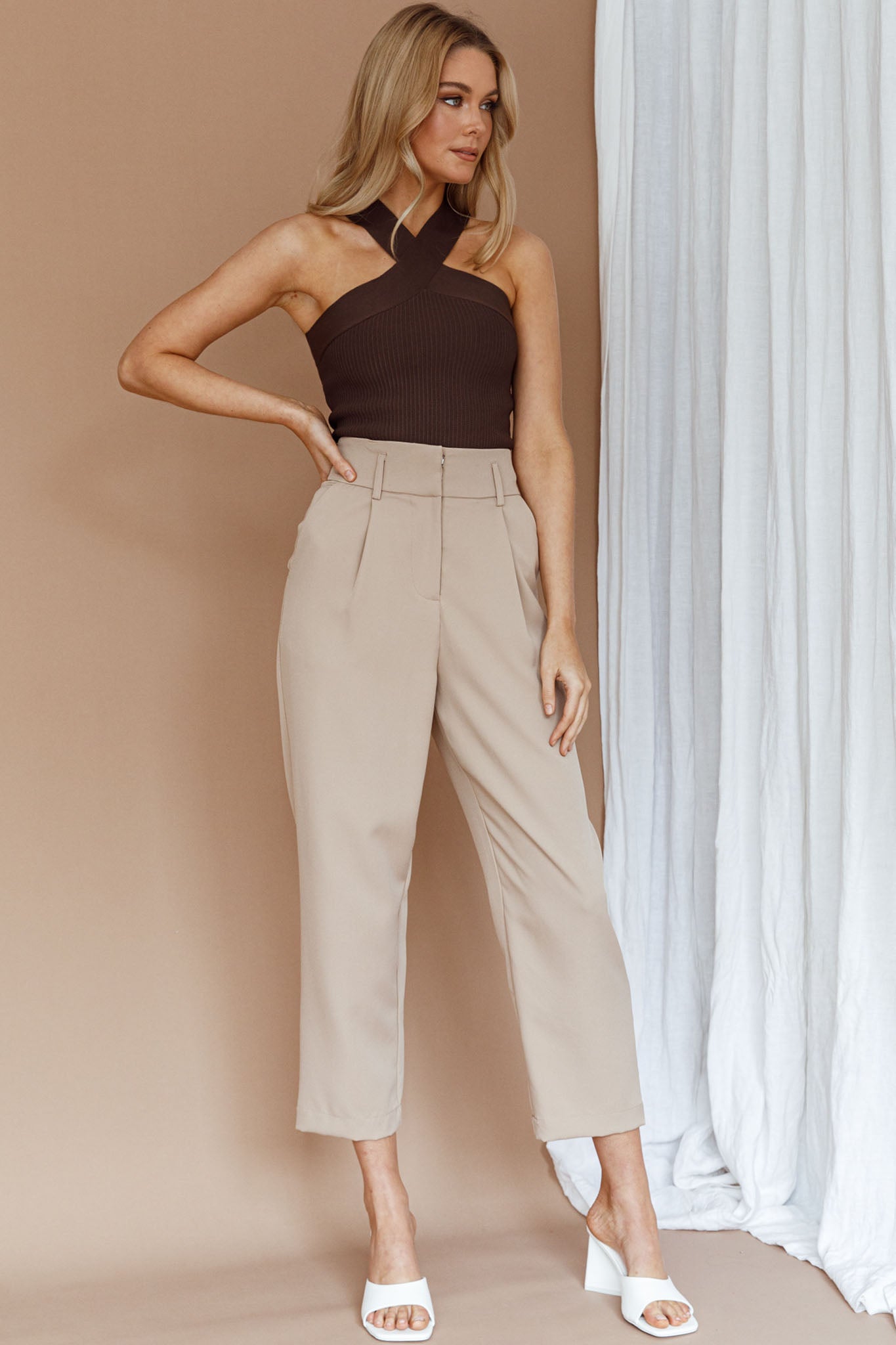 Kansas Crossover Neck Knit Top Brown-Maymioy