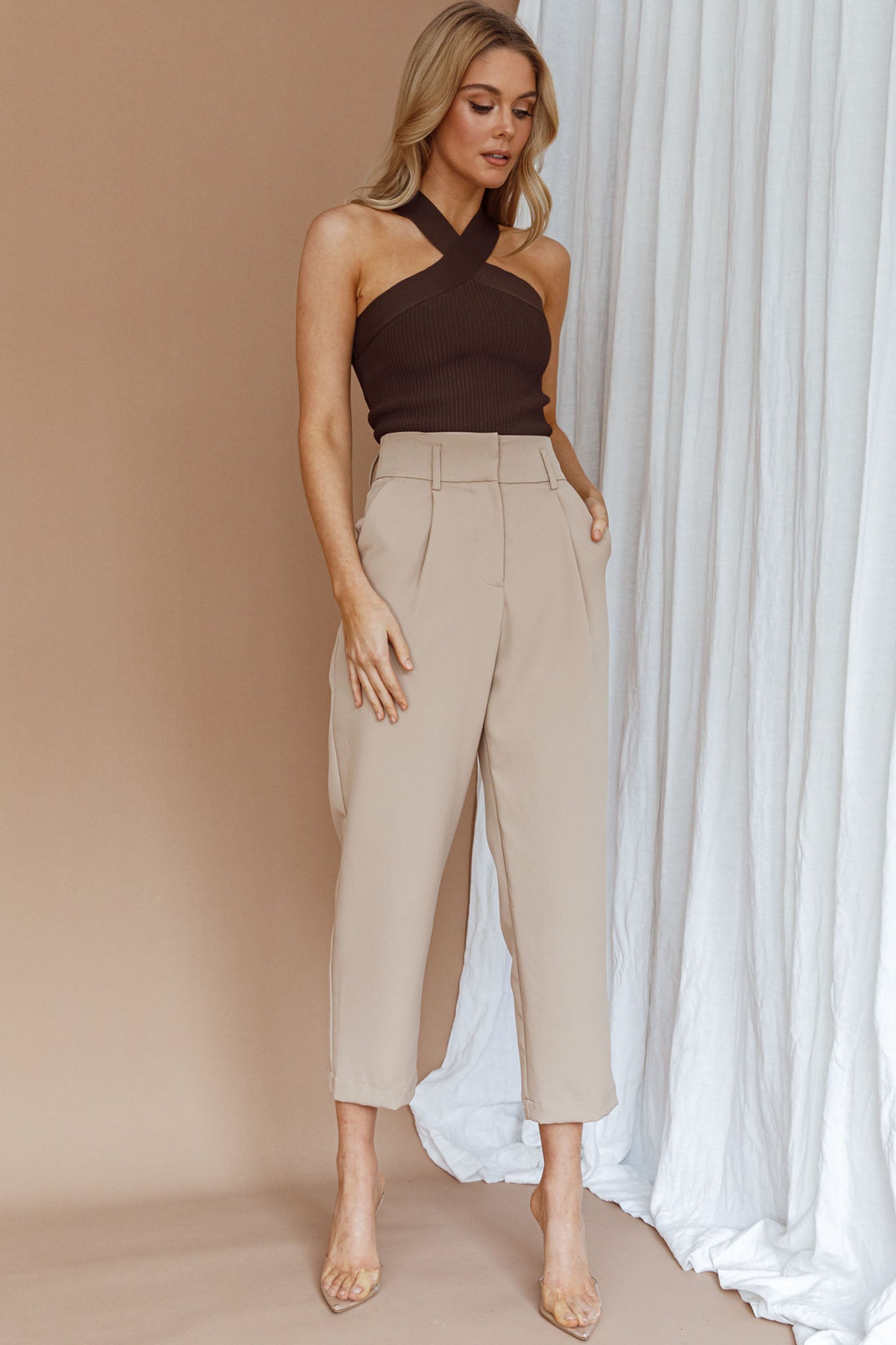 Kansas Crossover Neck Knit Top Brown-Maymioy