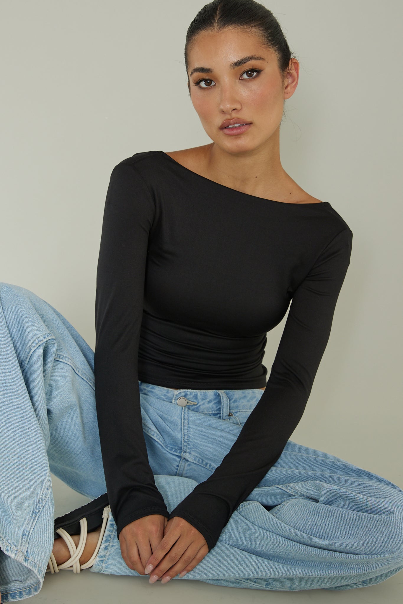 Cheers Boat Neck Long Sleeve Top Black-Maymioy