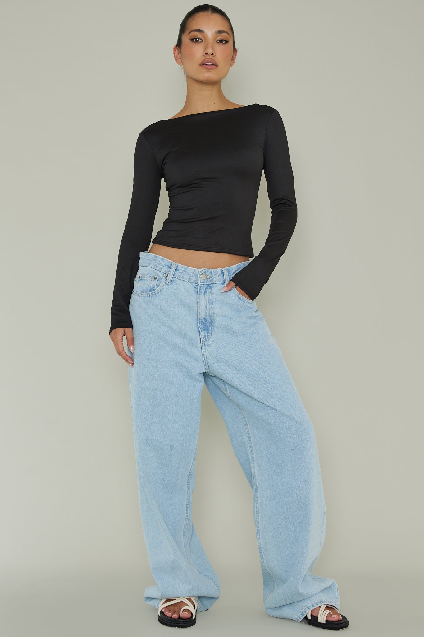 Cheers Boat Neck Long Sleeve Top Black-Maymioy