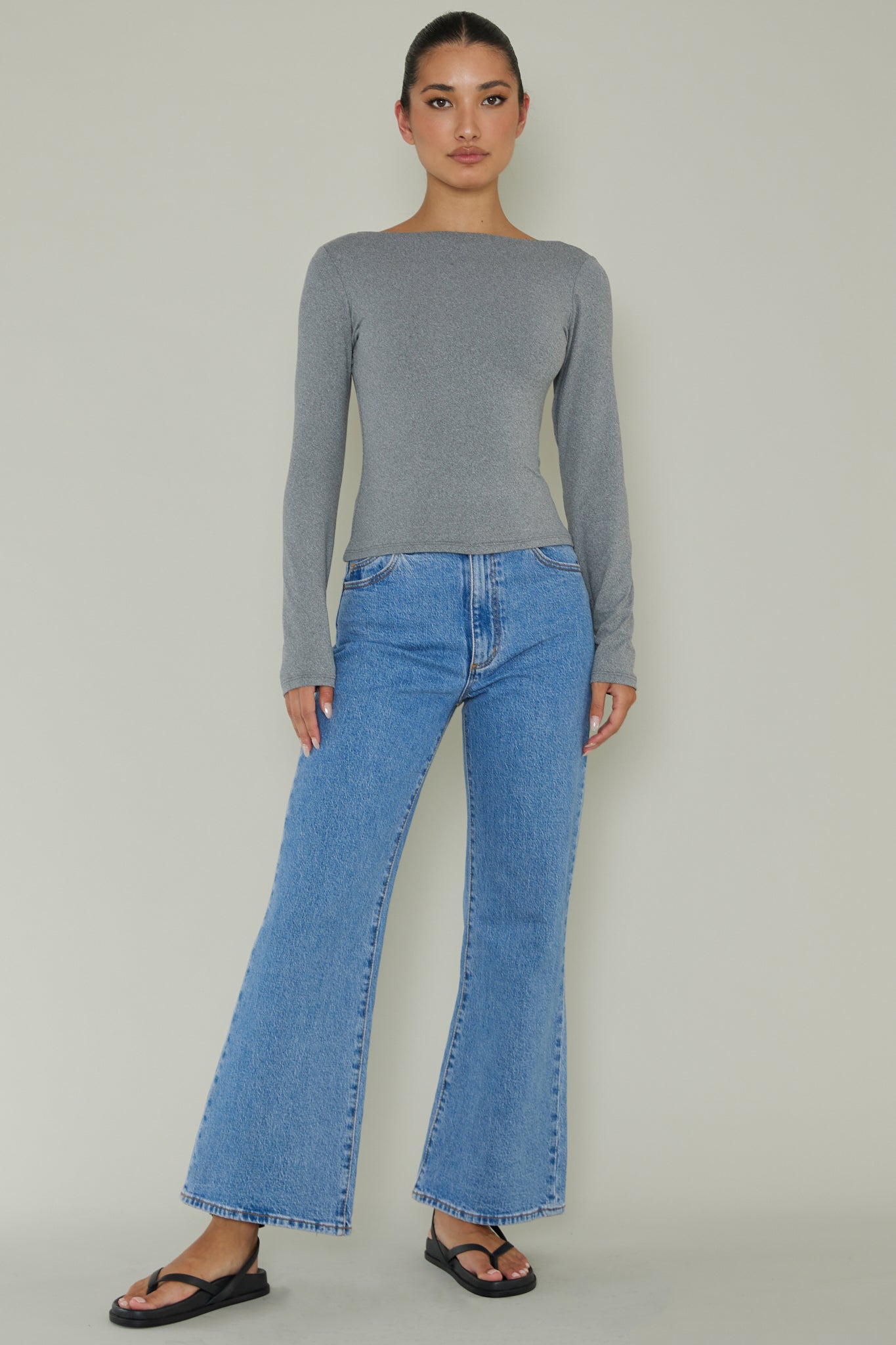 Cheers Boat Neck Long Sleeve Top Grey-Maymioy