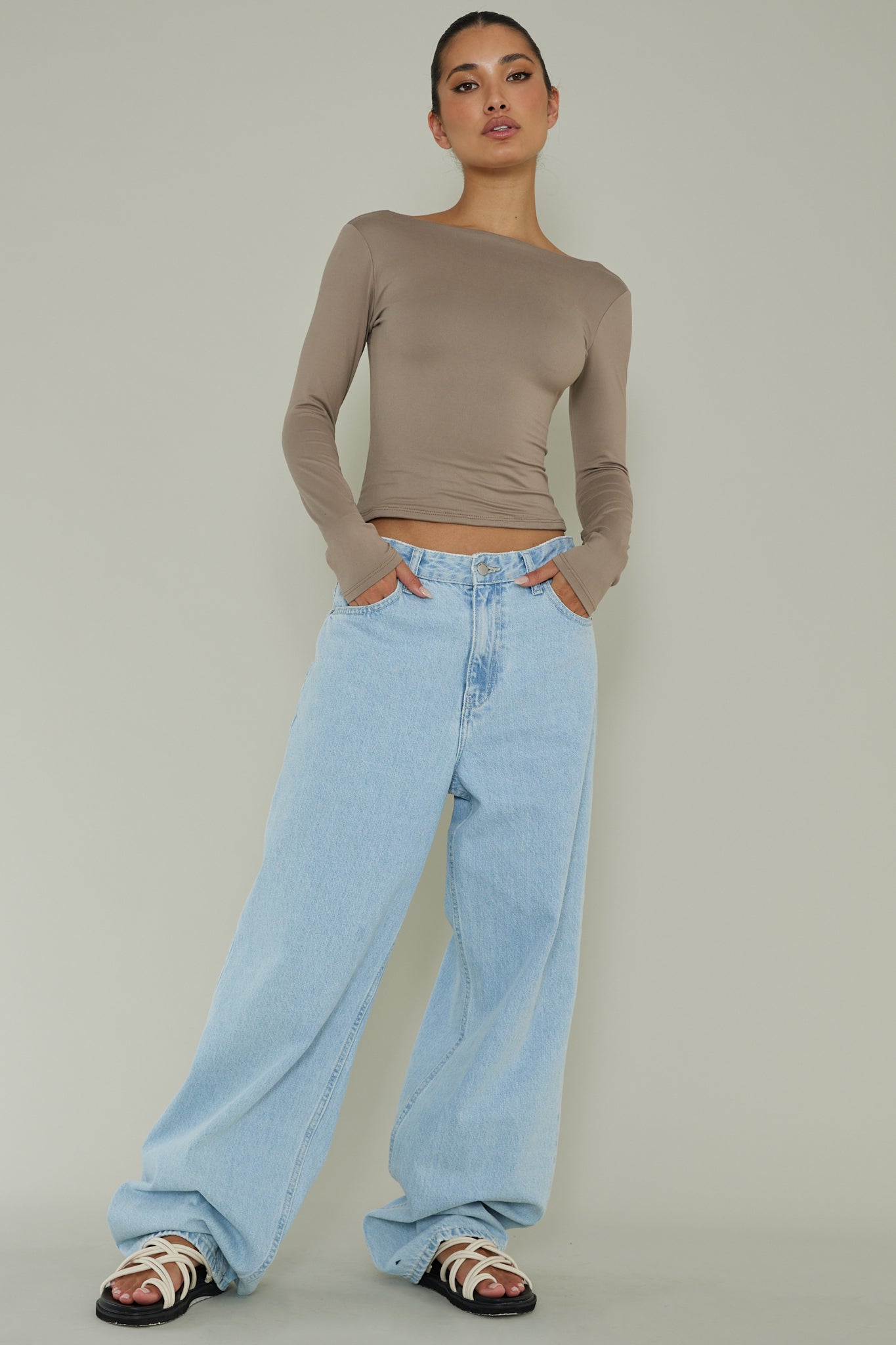 Cheers Boat Neck Long Sleeve Top Stone-Maymioy