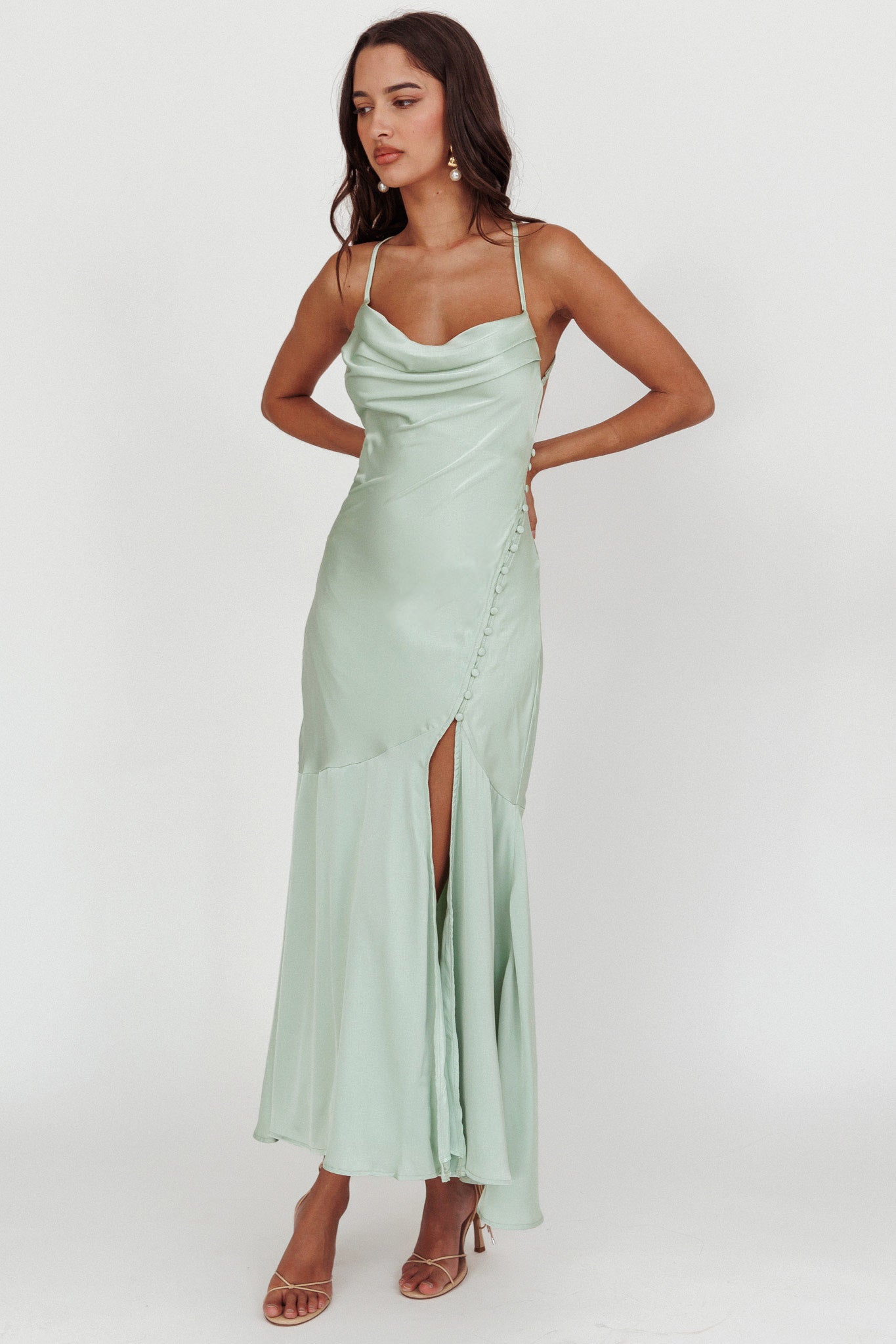 Elpis Cowl Button Satin Maxi Dress Mint-Maymioy