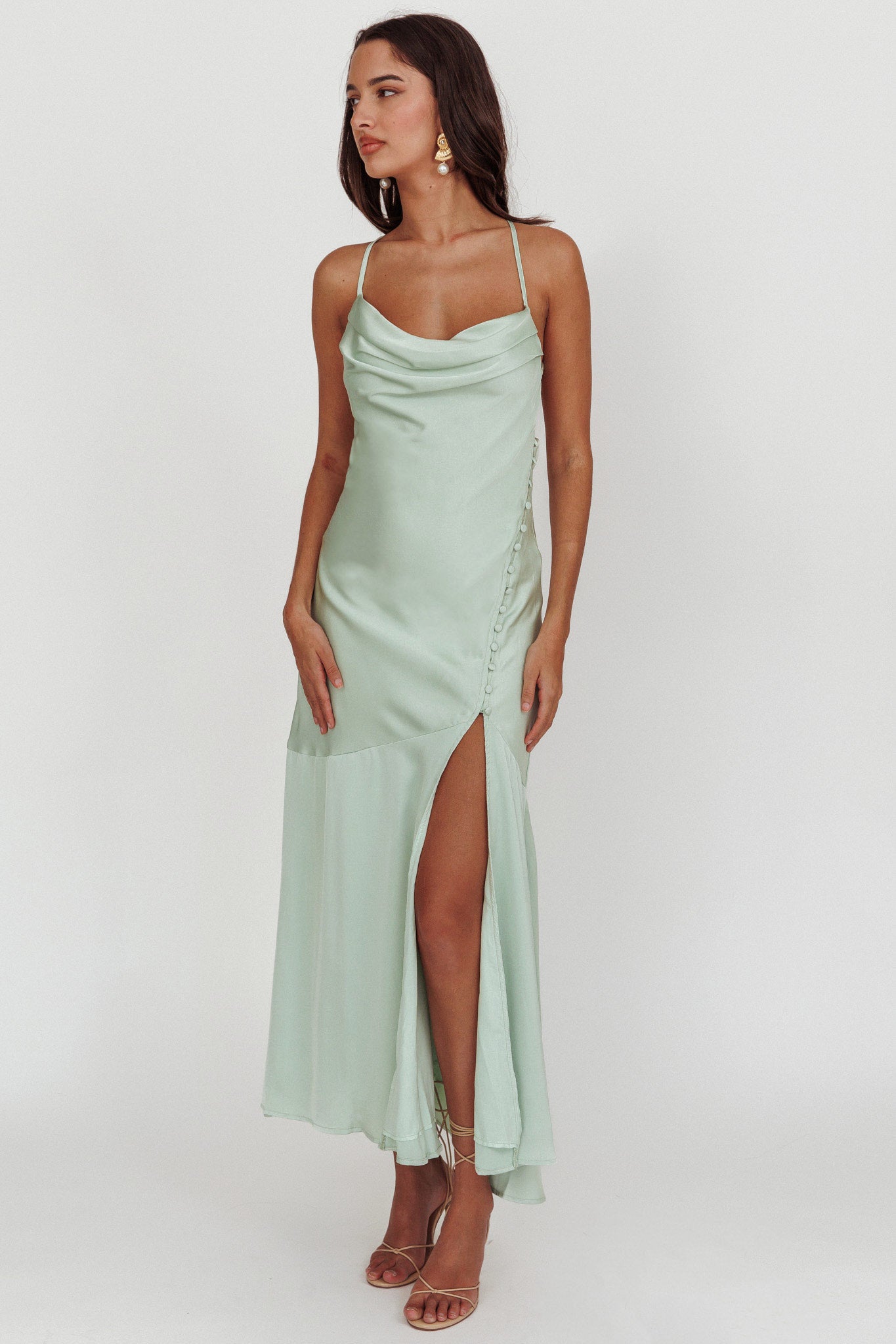 Elpis Cowl Button Satin Maxi Dress Mint-Maymioy
