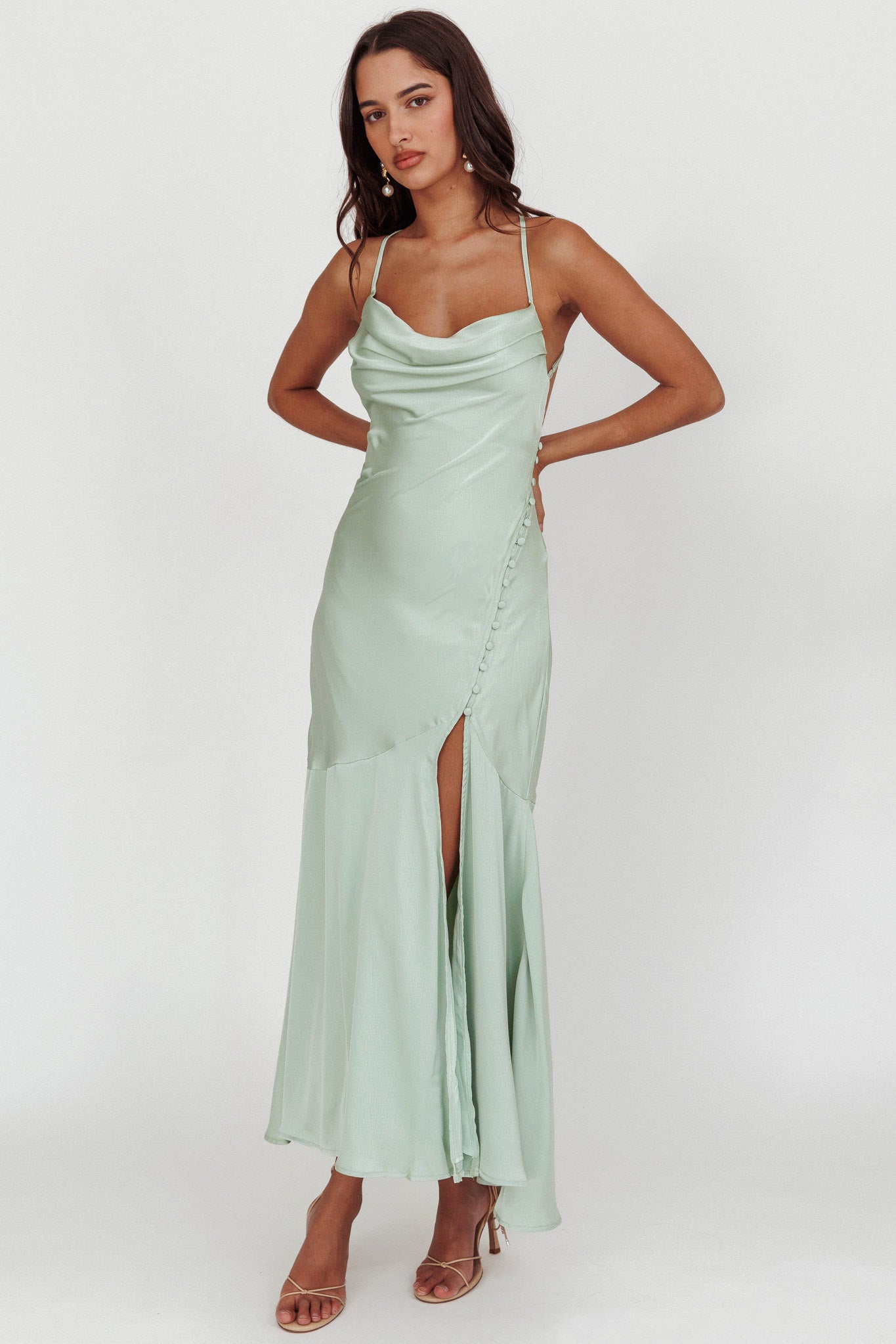 Elpis Cowl Button Satin Maxi Dress Mint-Maymioy