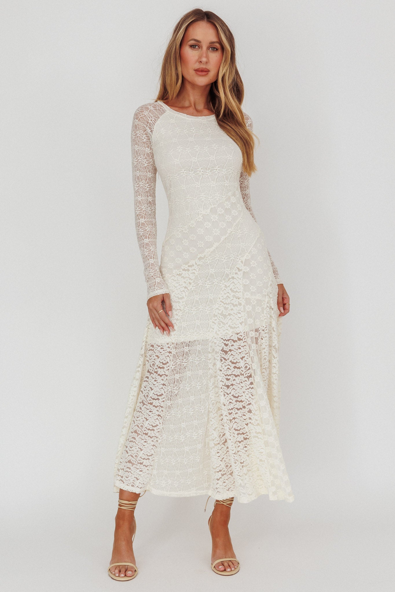 Tarly Long Sleeve Lace Maxi Dress Cream-Maymioy