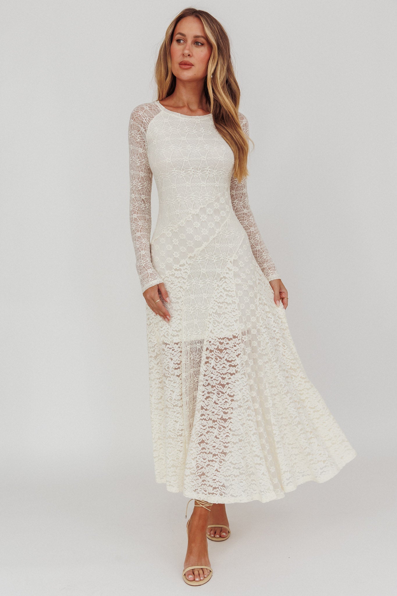 Tarly Long Sleeve Lace Maxi Dress Cream-Maymioy