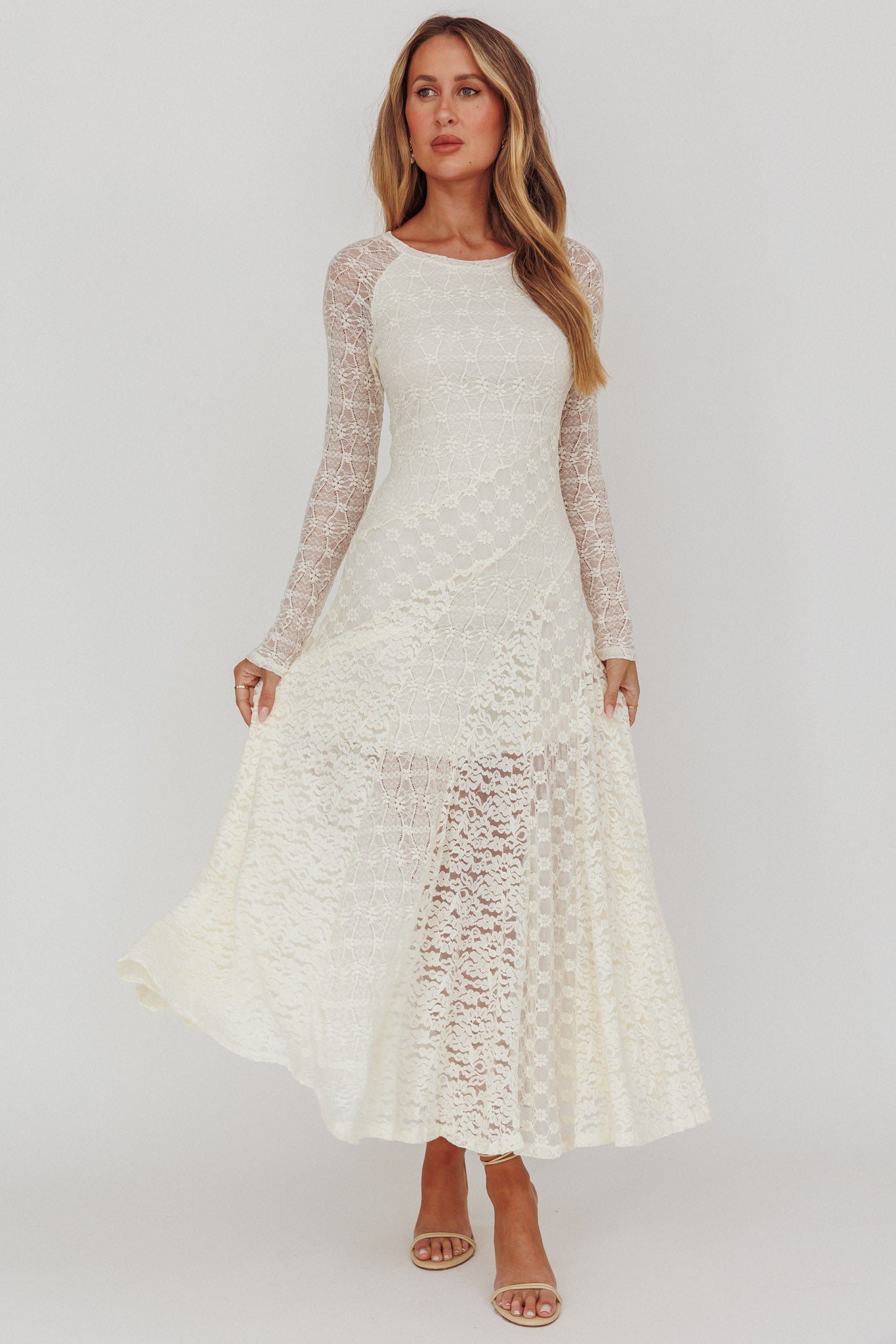 Tarly Long Sleeve Lace Maxi Dress Cream-Maymioy