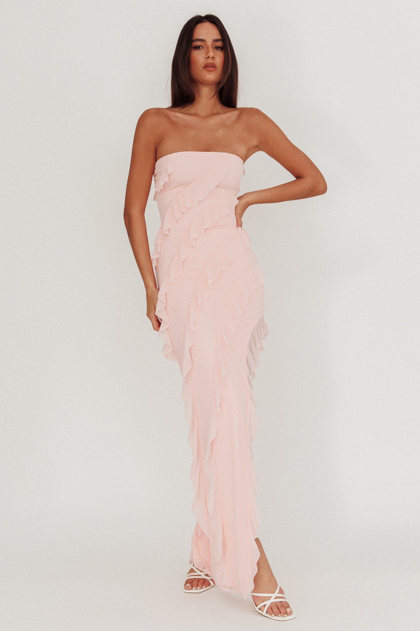 Just Friends Strapless Ruffle Maxi Dress Light Pink-Maymioy