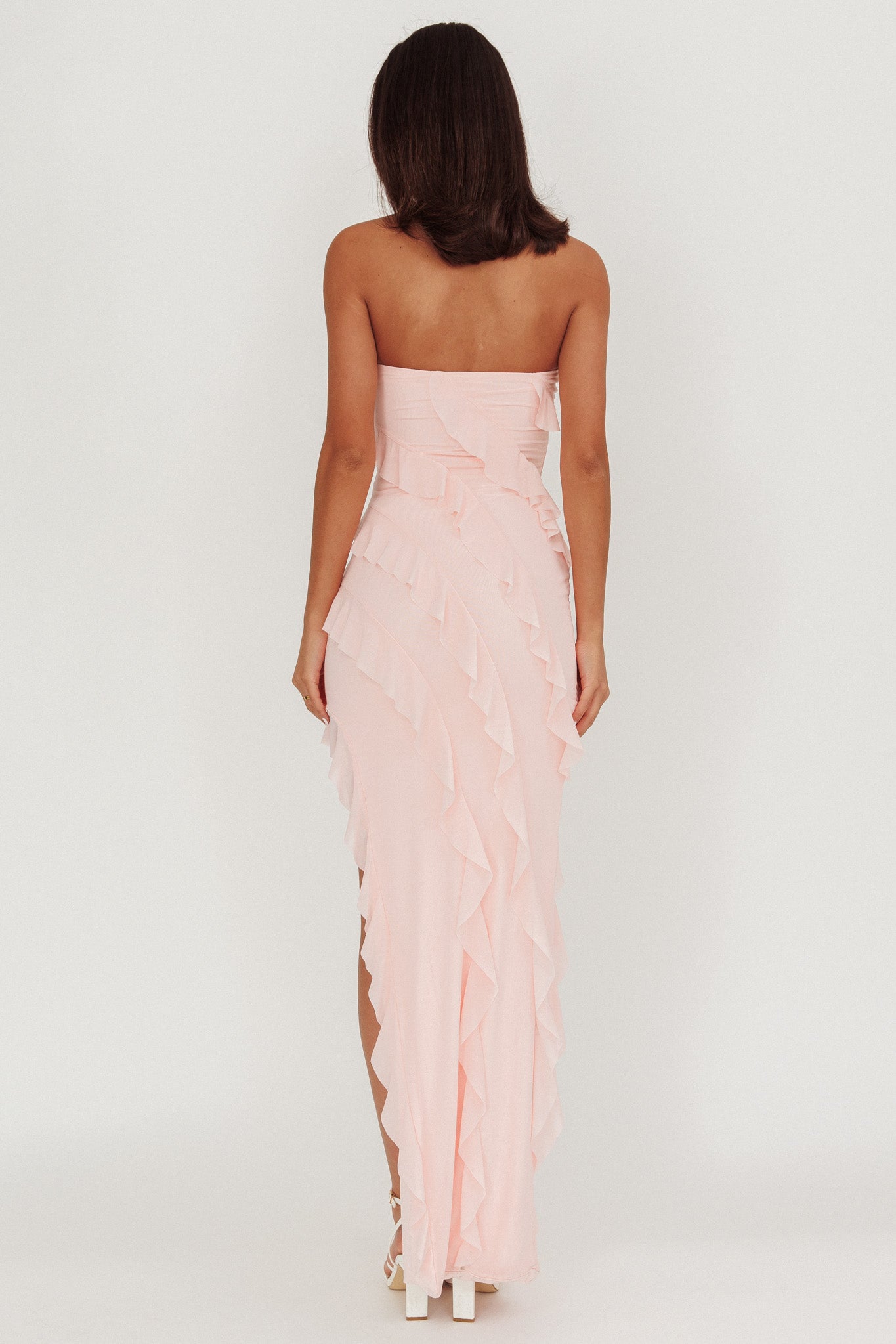 Just Friends Strapless Ruffle Maxi Dress Light Pink-Maymioy