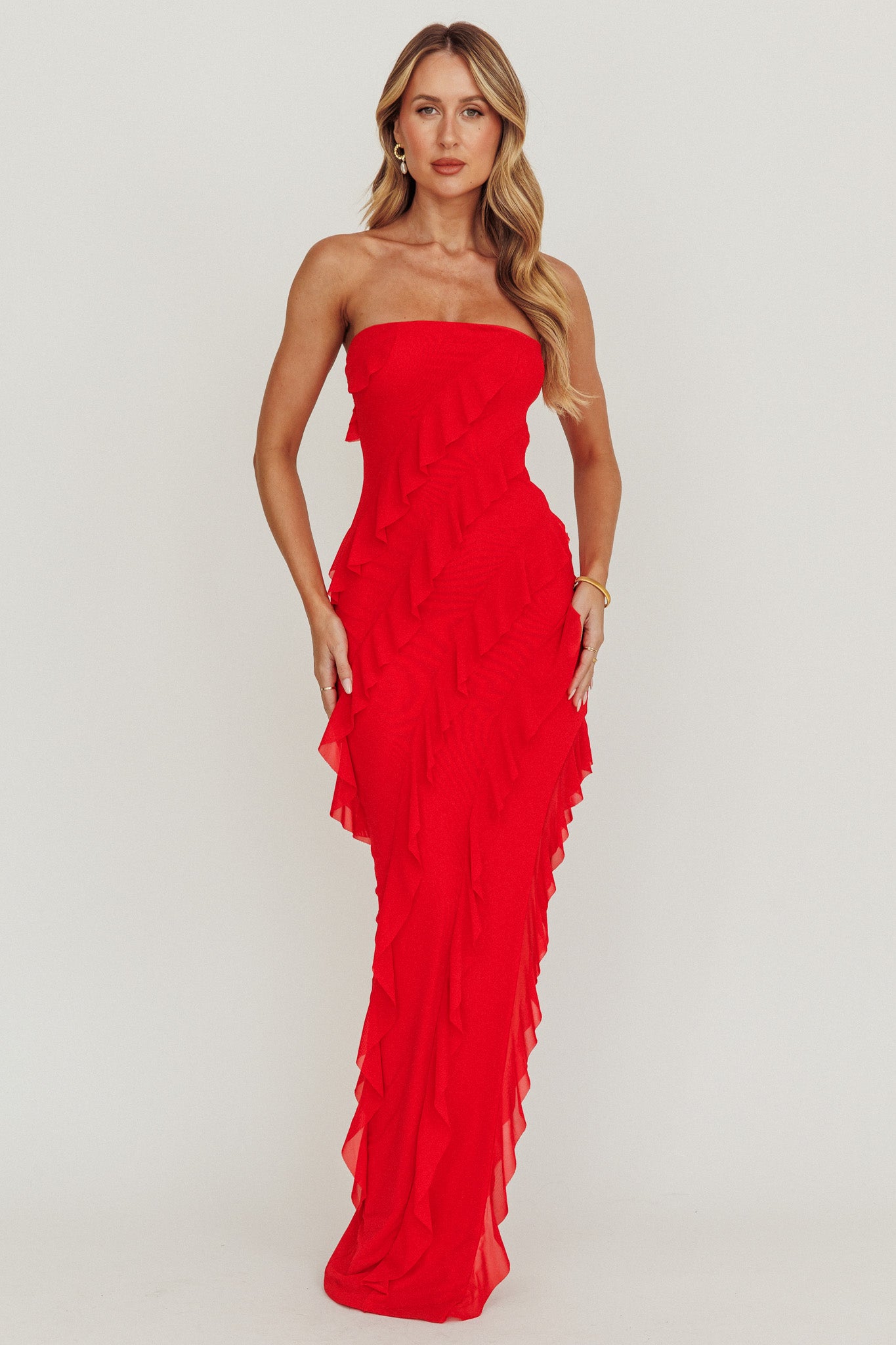 Just Friends Strapless Ruffle Maxi Dress Red-Maymioy