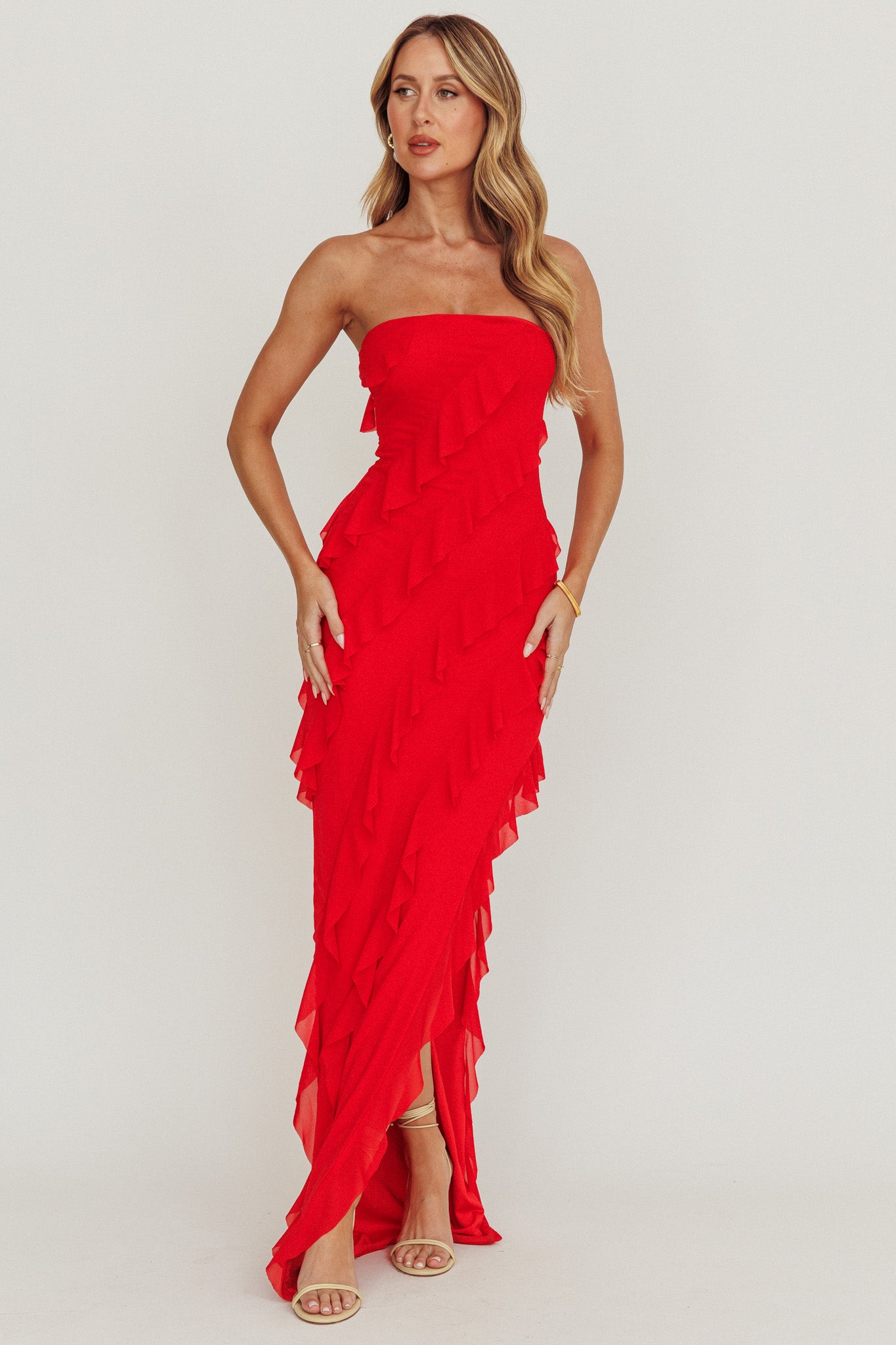 Just Friends Strapless Ruffle Maxi Dress Red-Maymioy