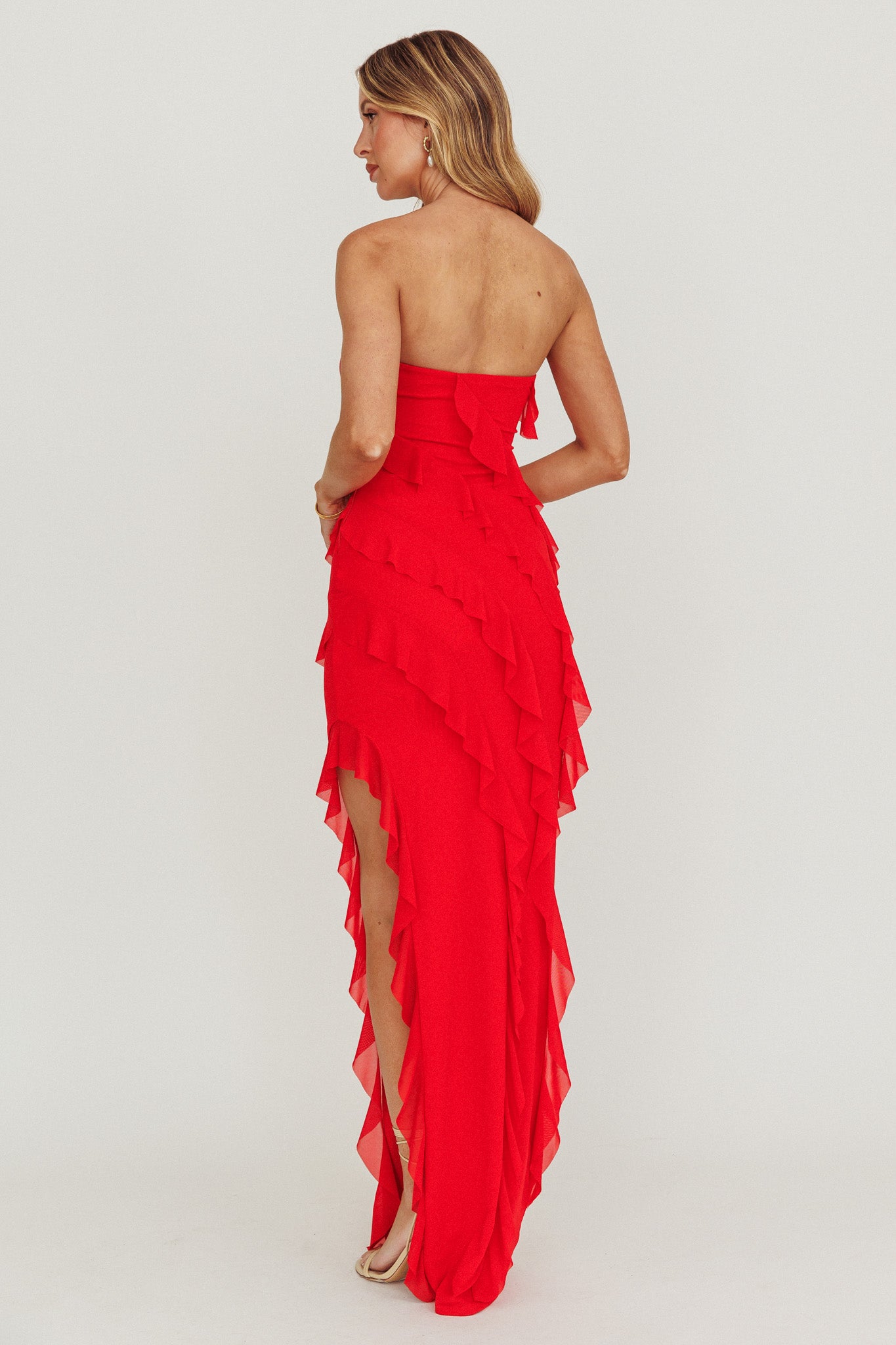 Just Friends Strapless Ruffle Maxi Dress Red-Maymioy
