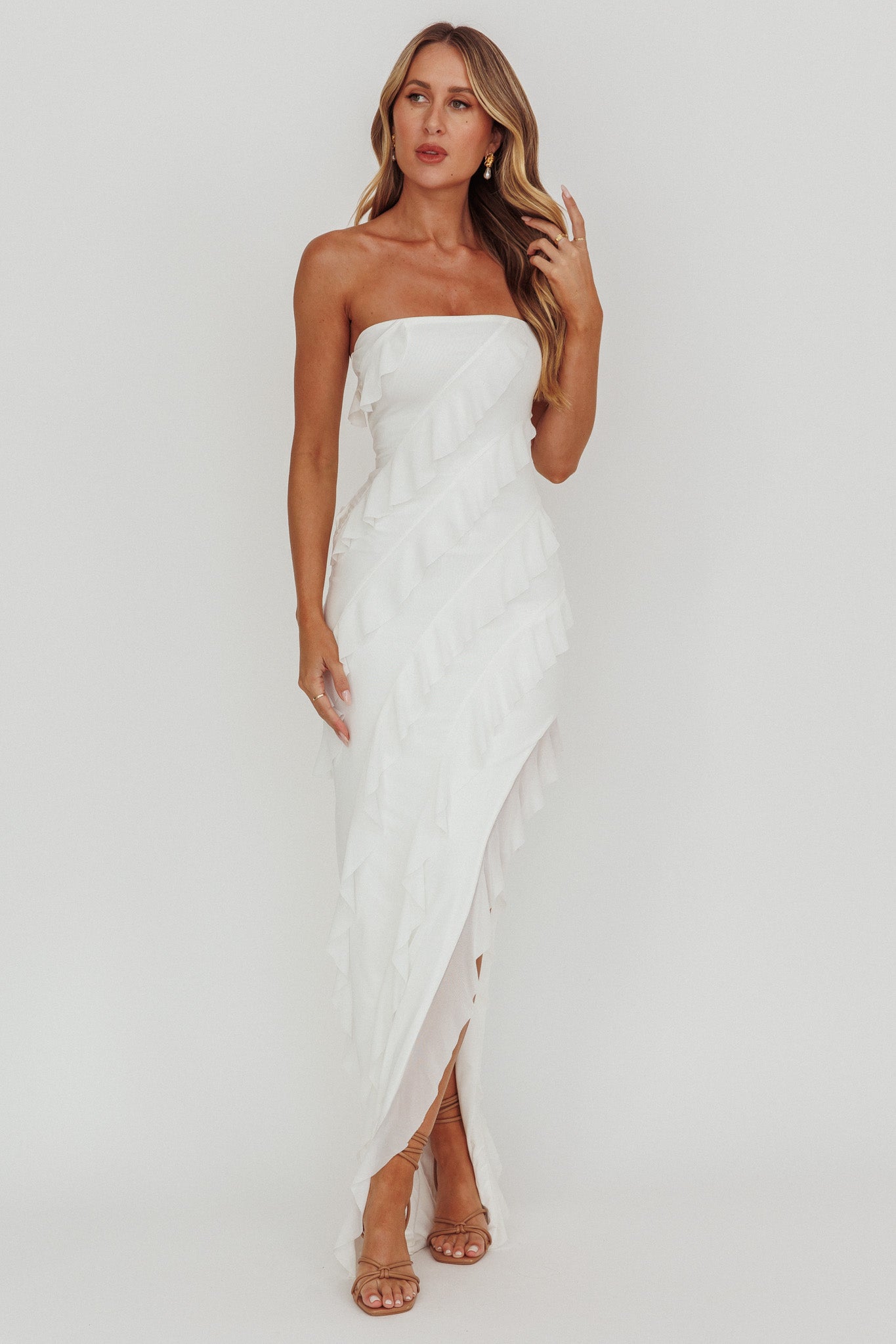 Just Friends Strapless Ruffle Maxi Dress Off White-Maymioy