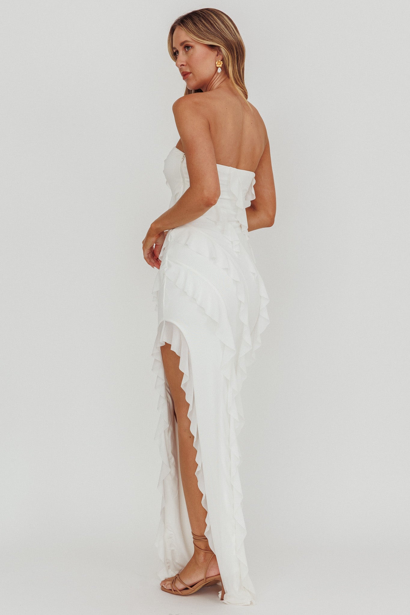 Just Friends Strapless Ruffle Maxi Dress Off White-Maymioy