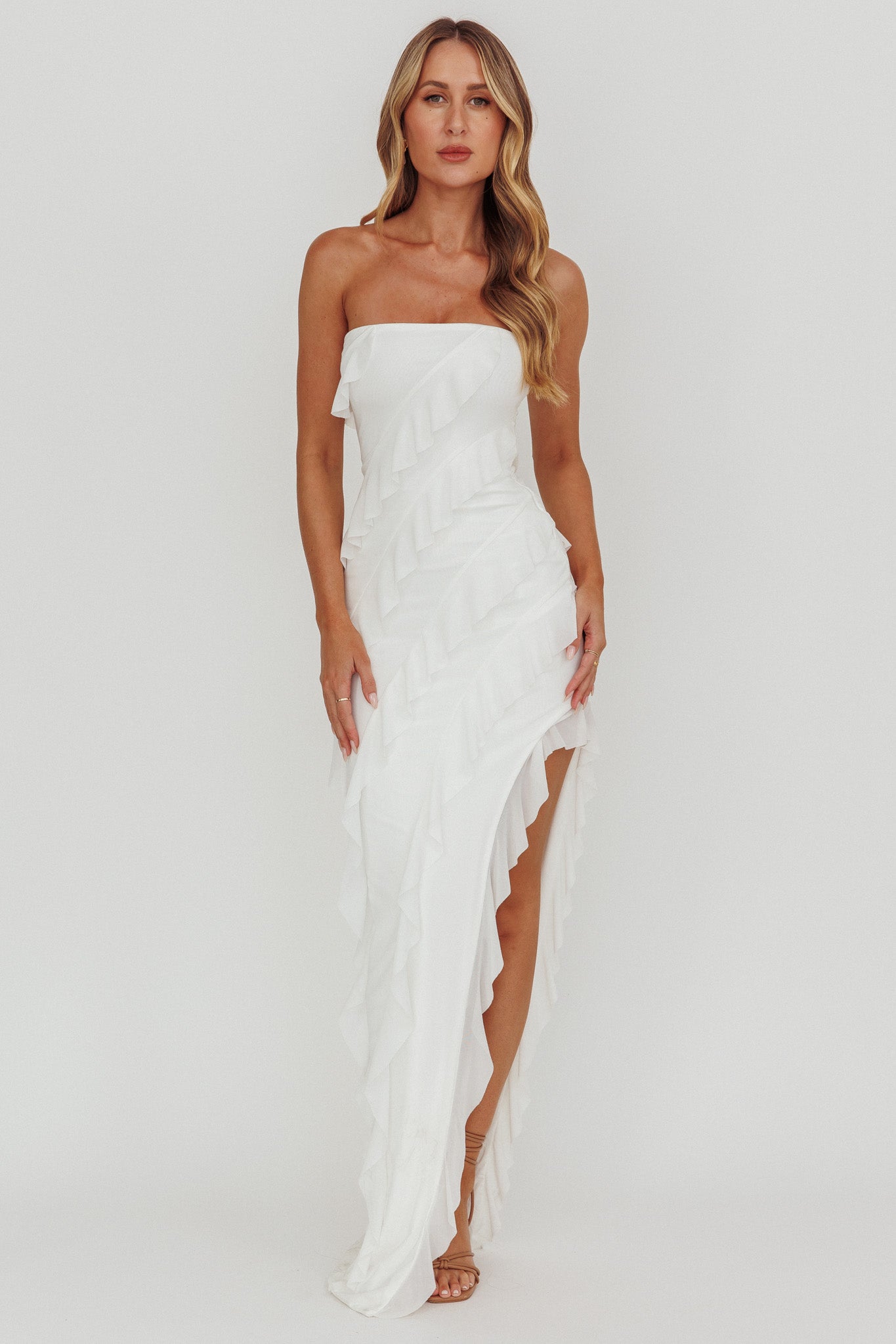 Just Friends Strapless Ruffle Maxi Dress Off White-Maymioy
