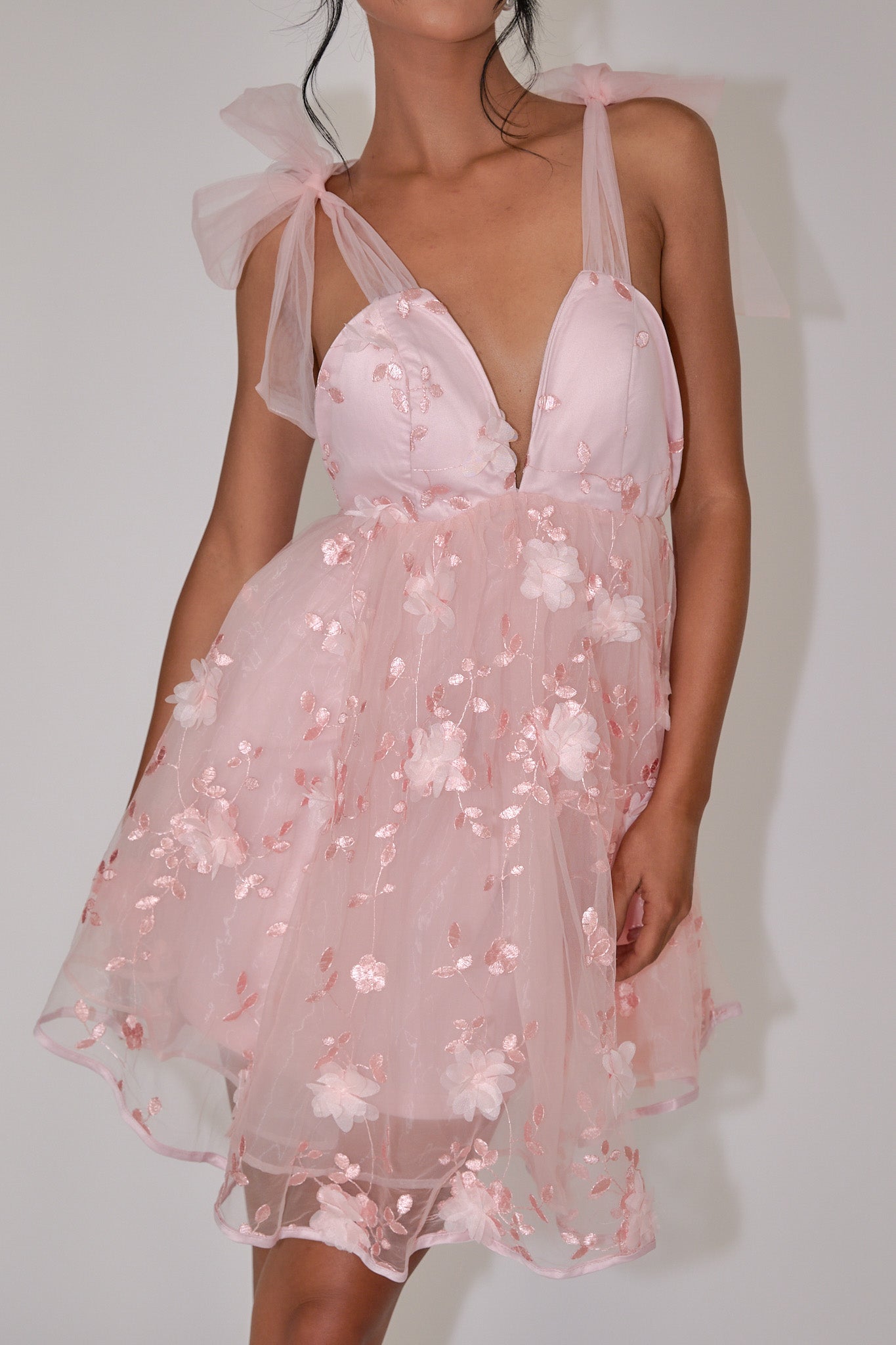 Spring Bloom Tied Shoulder Embellished Mini Dress Pink-Maymioy