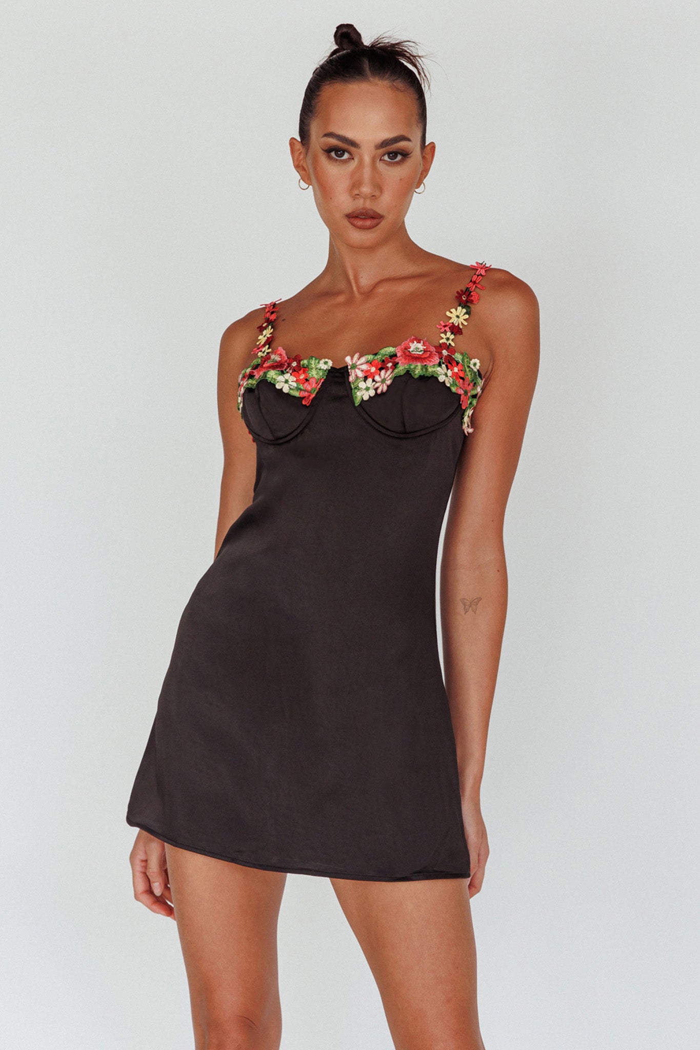Izolda Floral Applique Mini Dress Black-Maymioy