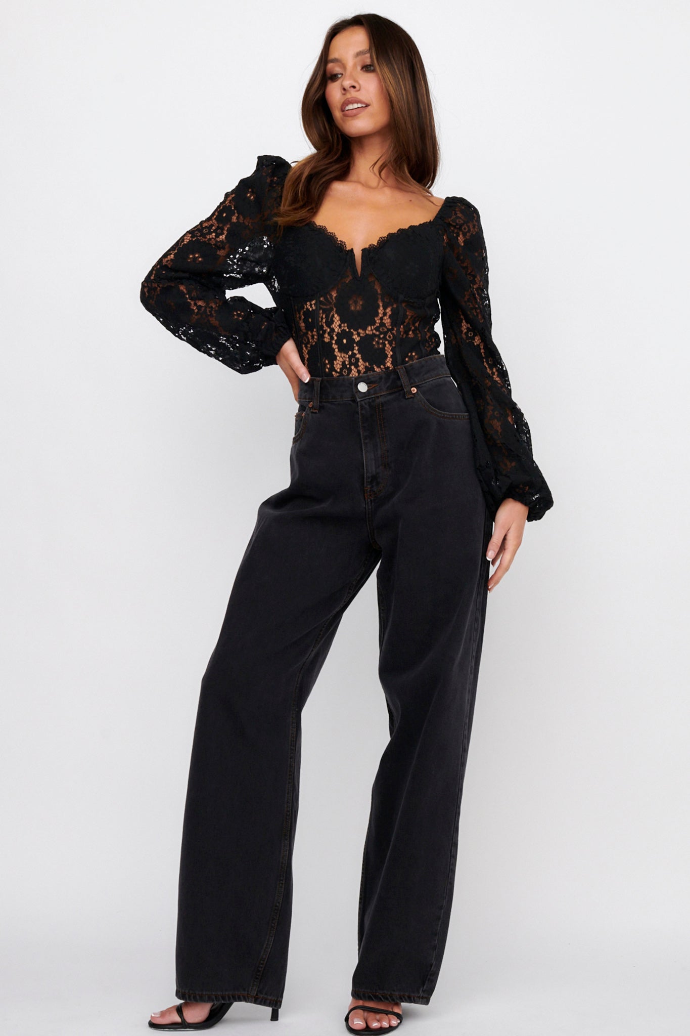Adored Long Sleeve Lace Bodysuit Black-Maymioy