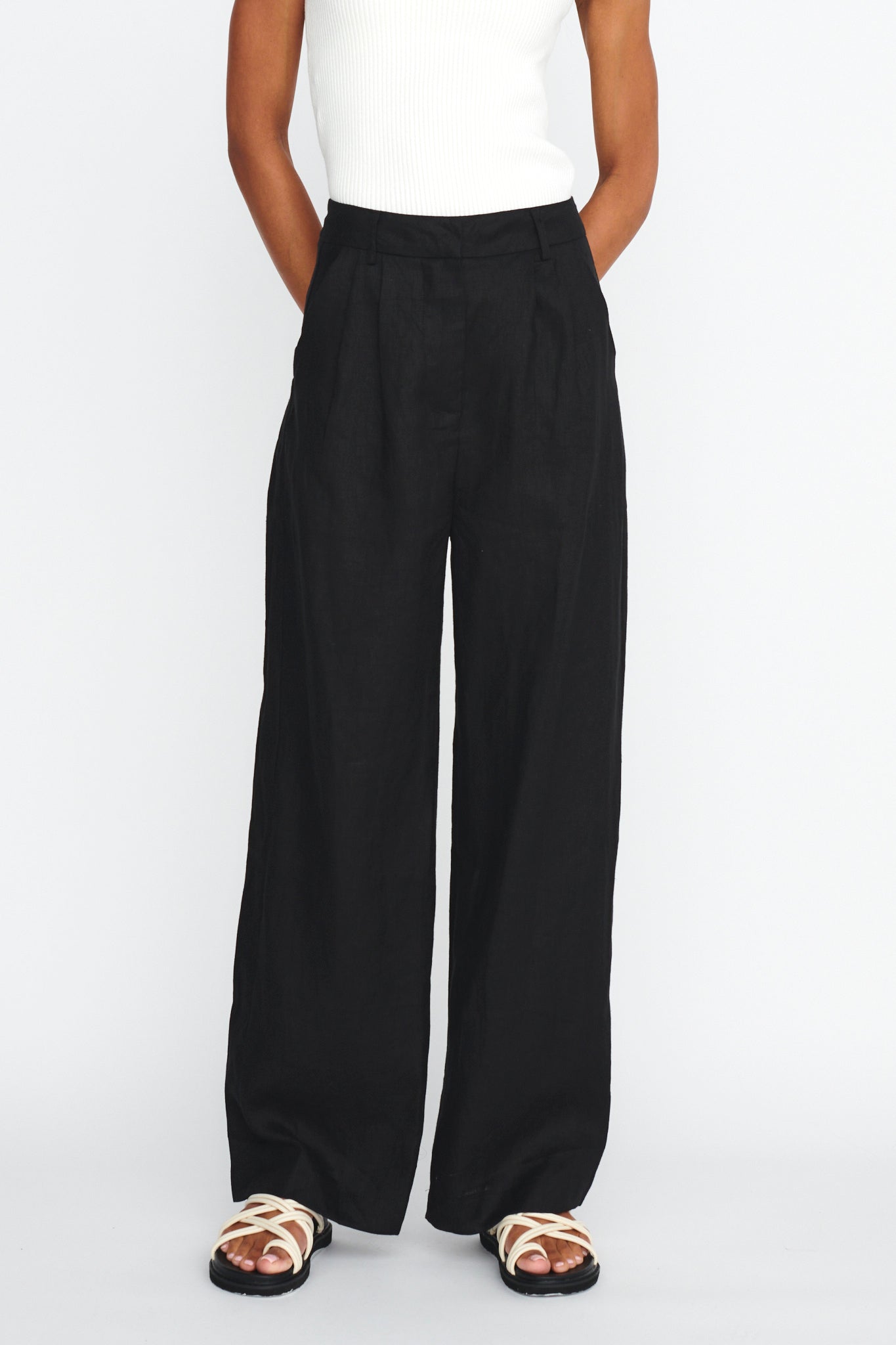 Dodie Straight Leg Trouser Pants Linen Black-Maymioy