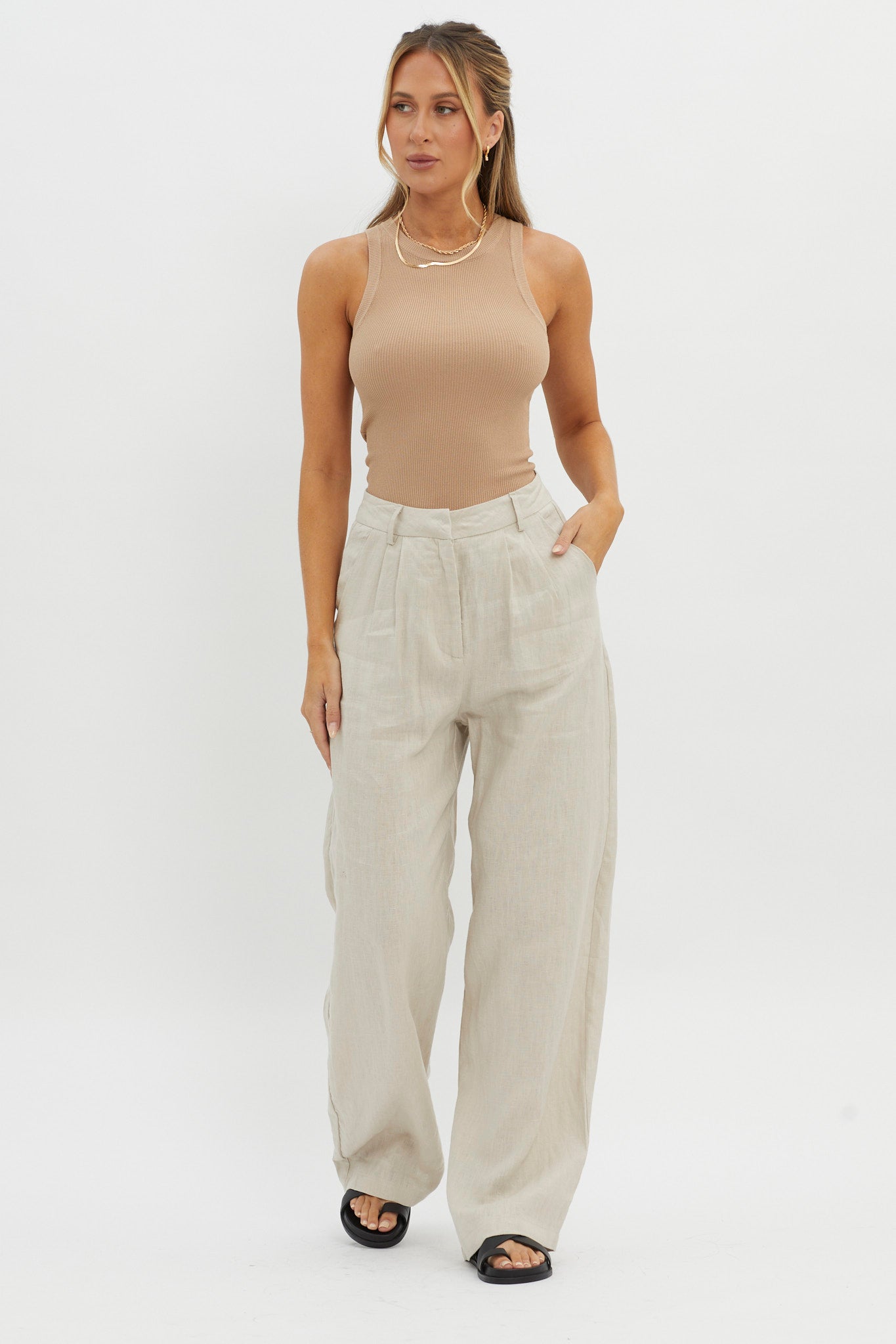 Dodie Straight Leg Trouser Pants Linen Oat-Maymioy