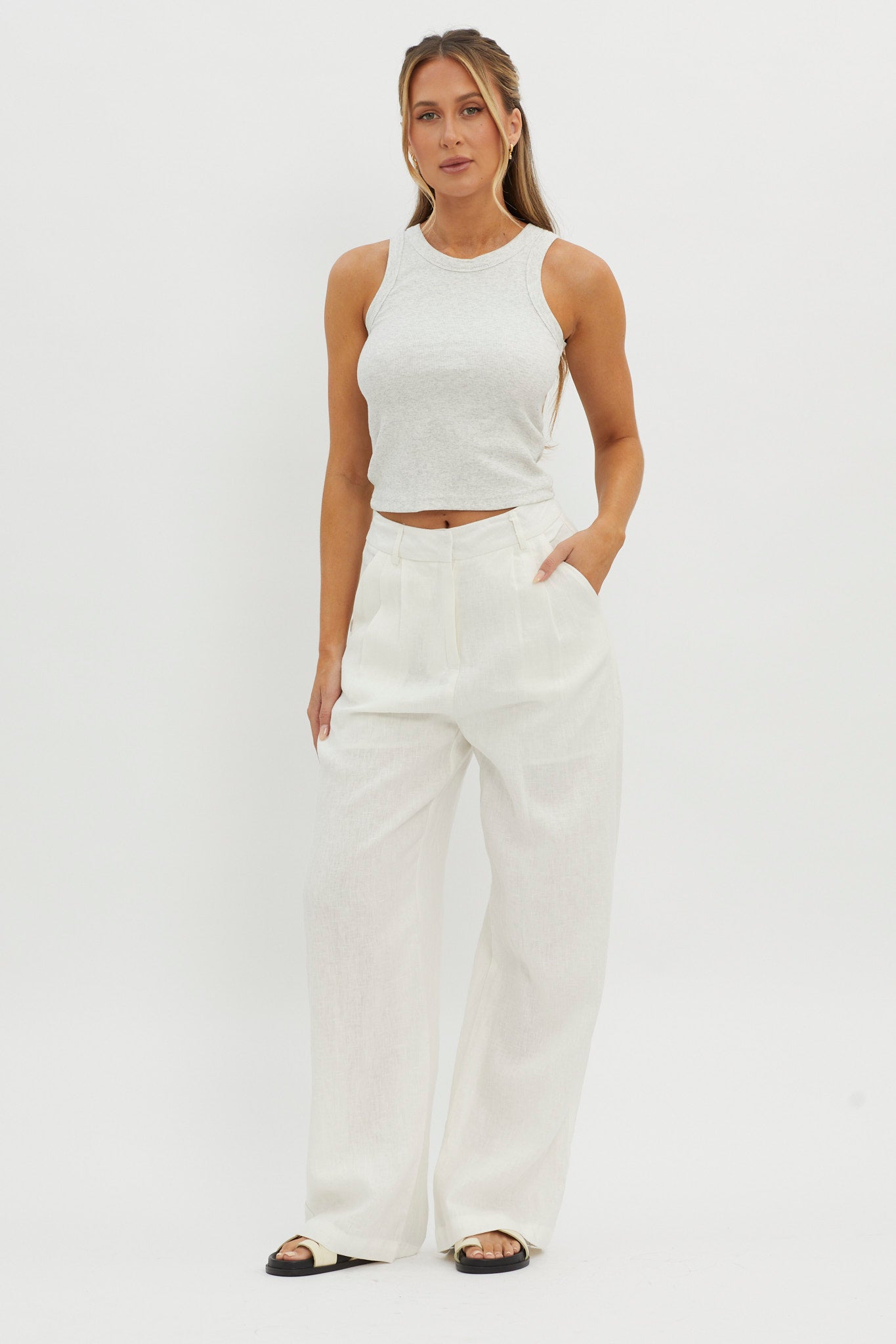 Dodie Straight Leg Trouser Pants Linen White-Maymioy