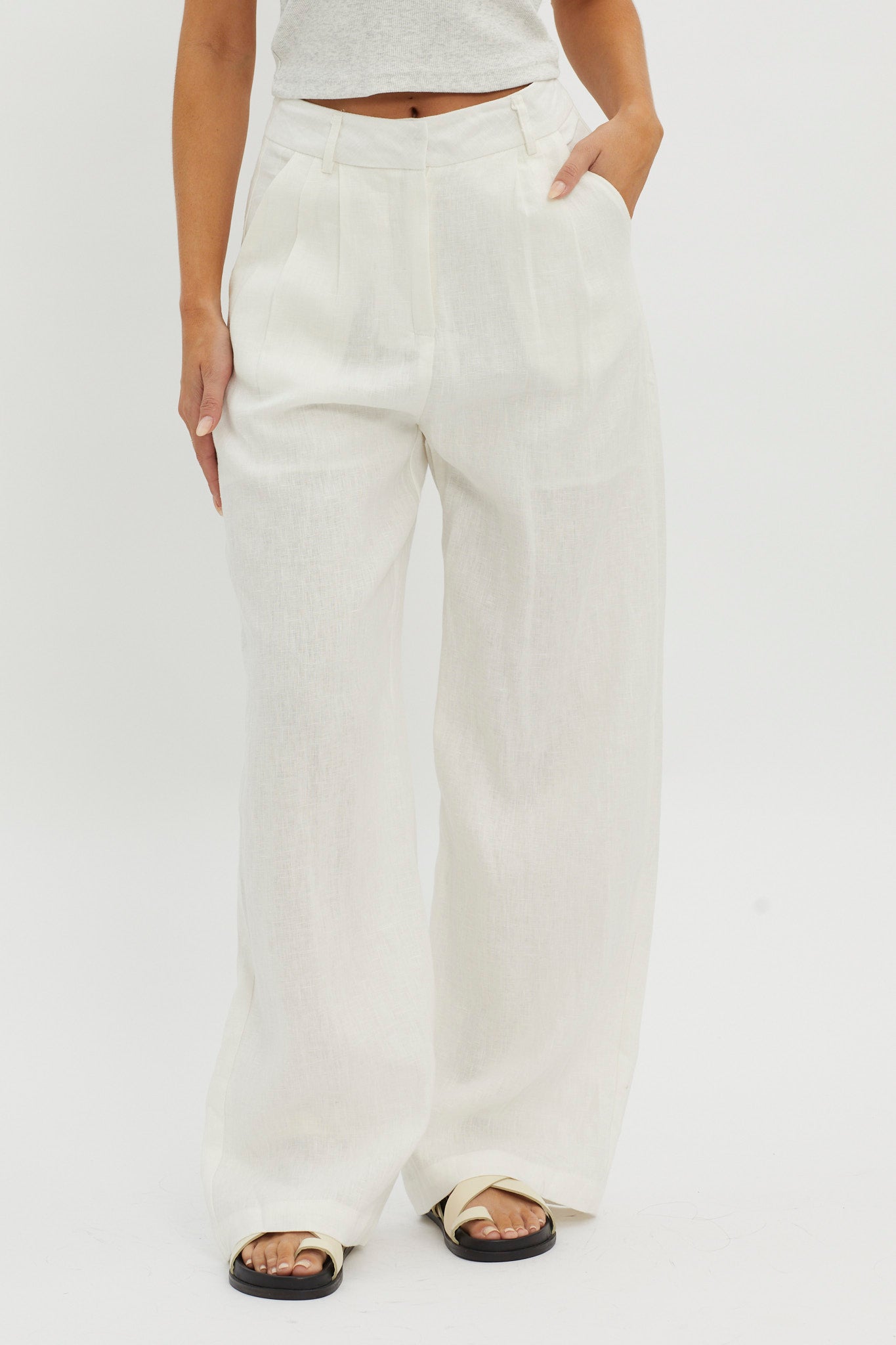 Dodie Straight Leg Trouser Pants Linen White-Maymioy
