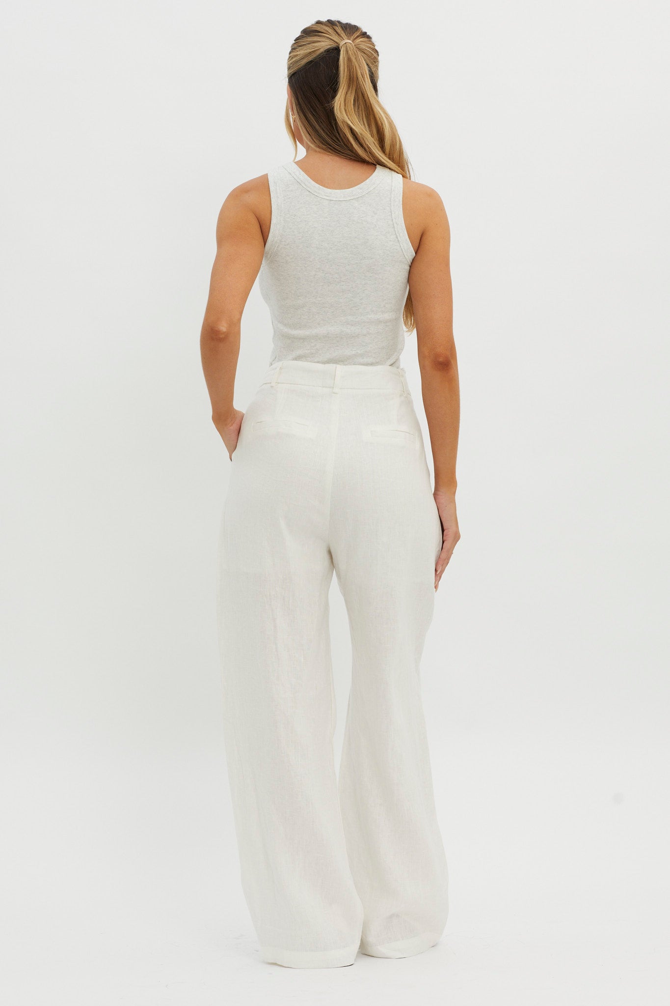 Dodie Straight Leg Trouser Pants Linen White-Maymioy