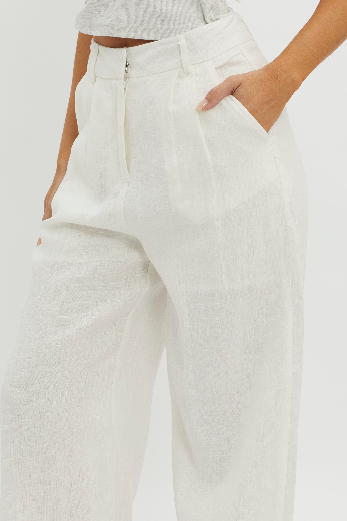 Dodie Straight Leg Trouser Pants Linen White-Maymioy