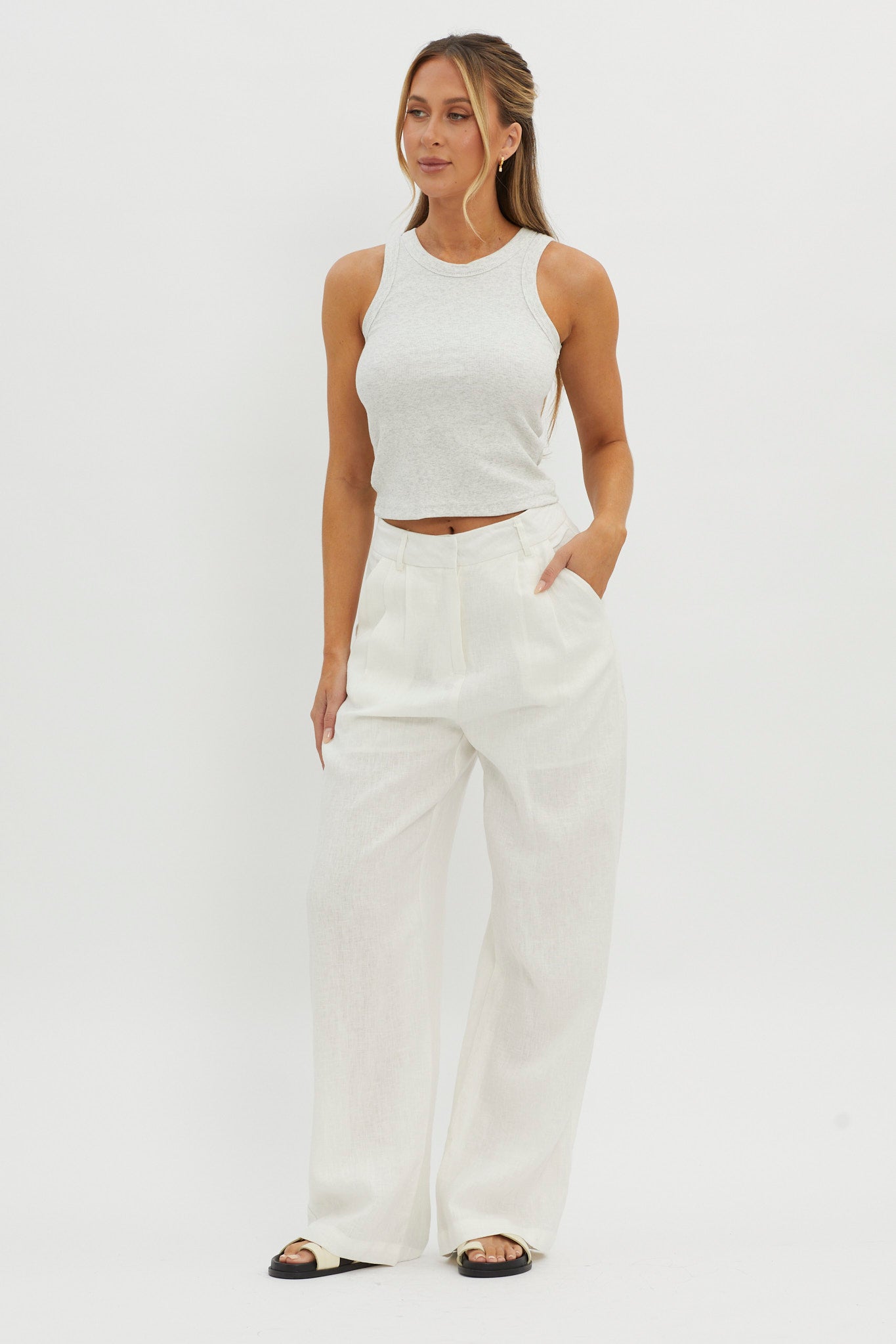 Dodie Straight Leg Trouser Pants Linen White-Maymioy