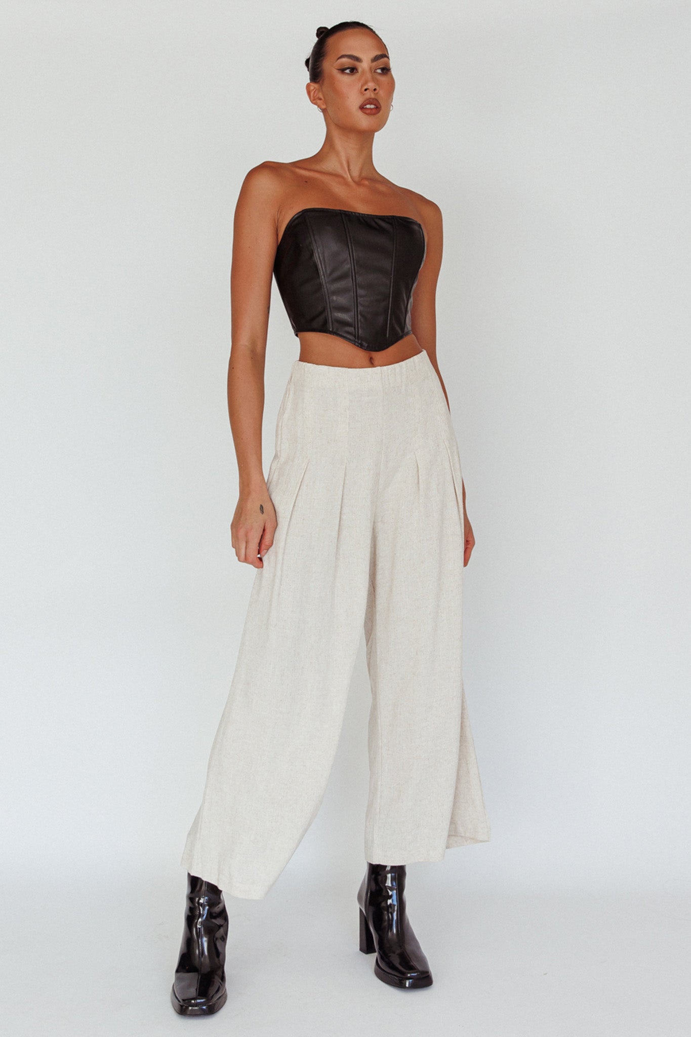 Backstage Pleated Wide Leg Pants Oat-Maymioy