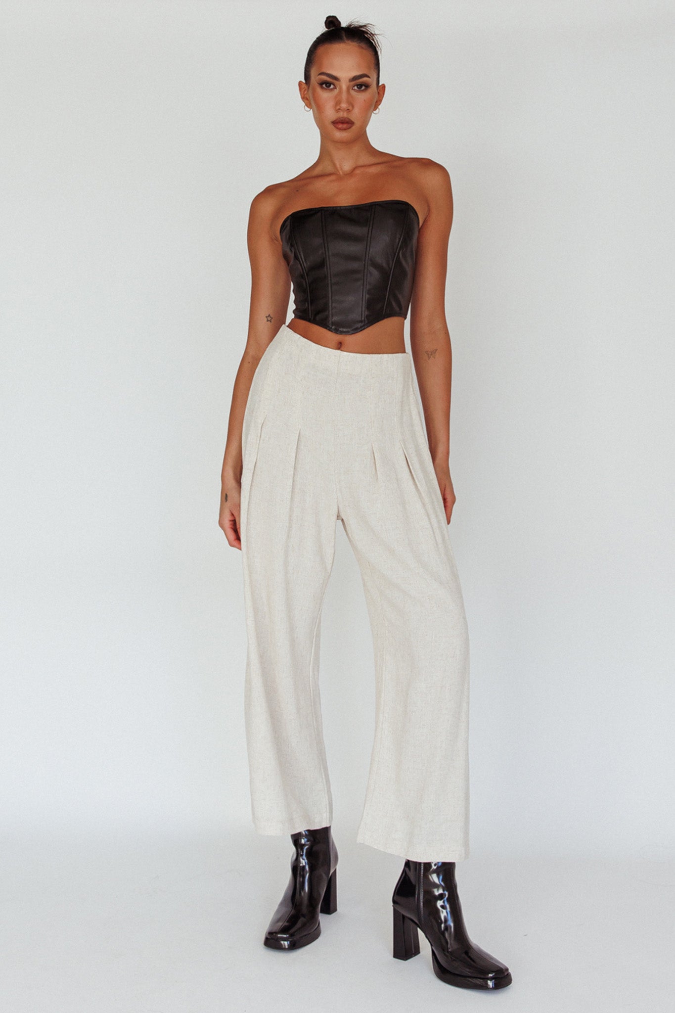 Backstage Pleated Wide Leg Pants Oat-Maymioy