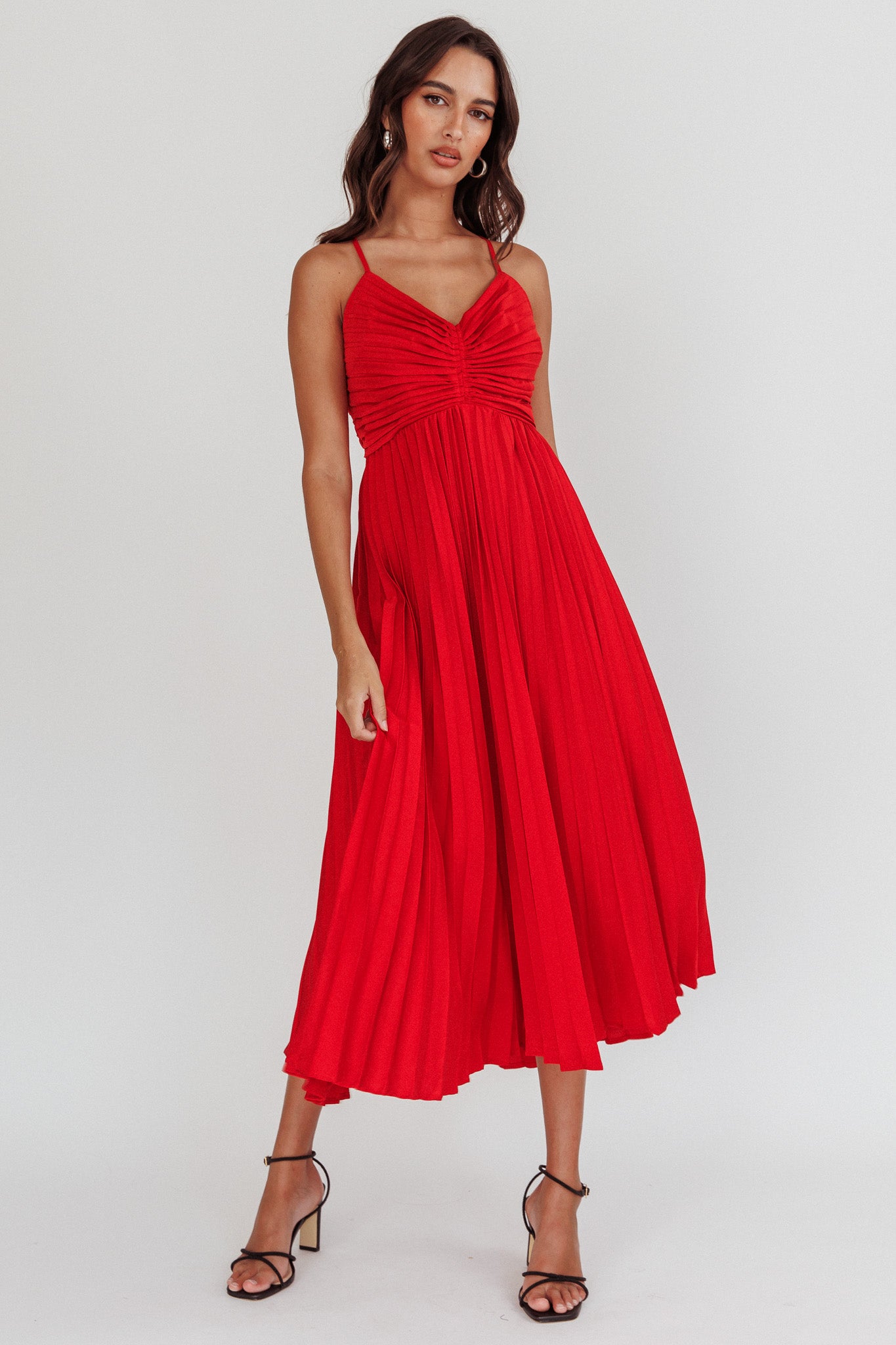 Spoken For Accordion Pleat Midi Dress Red-Maymioy