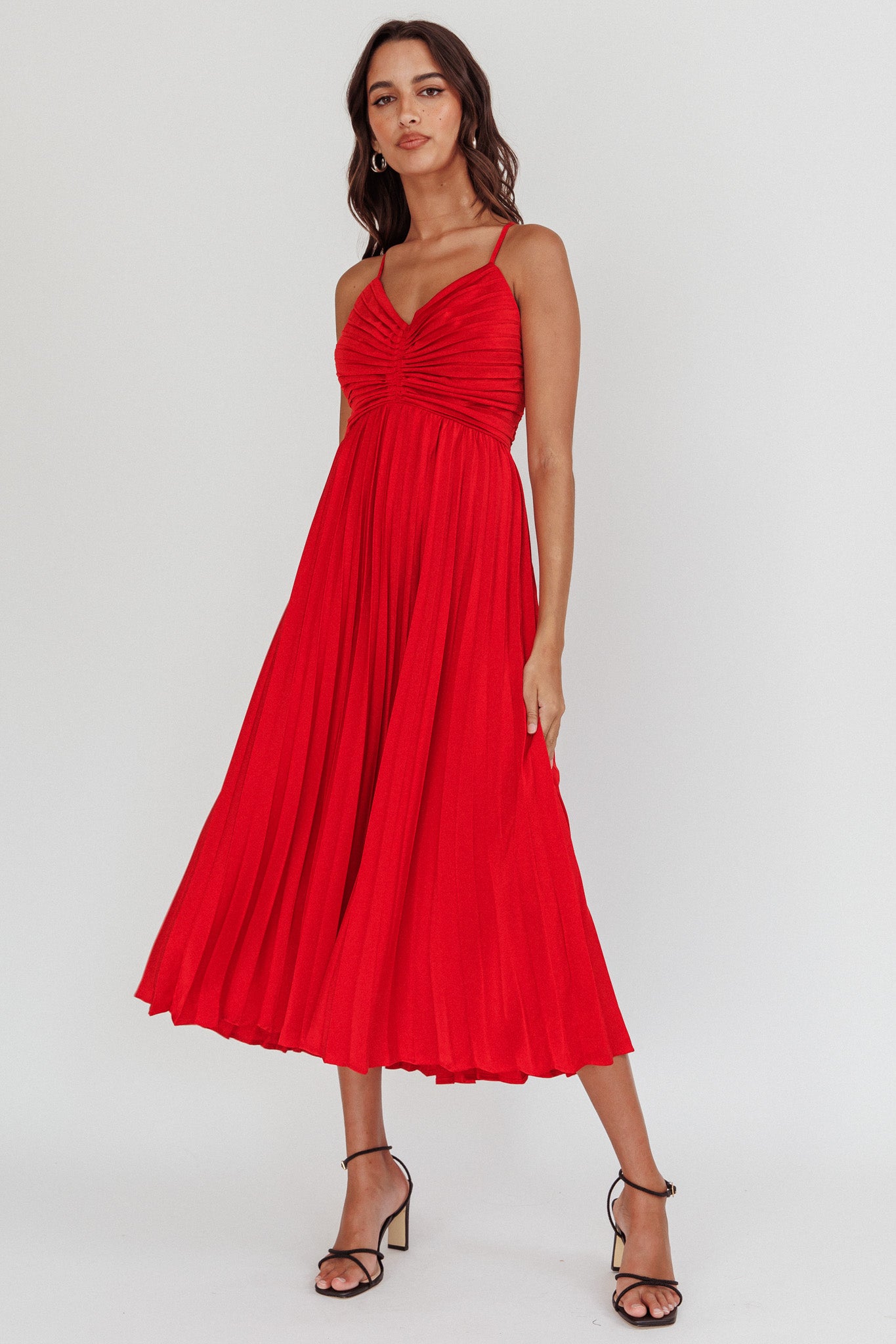 Spoken For Accordion Pleat Midi Dress Red-Maymioy