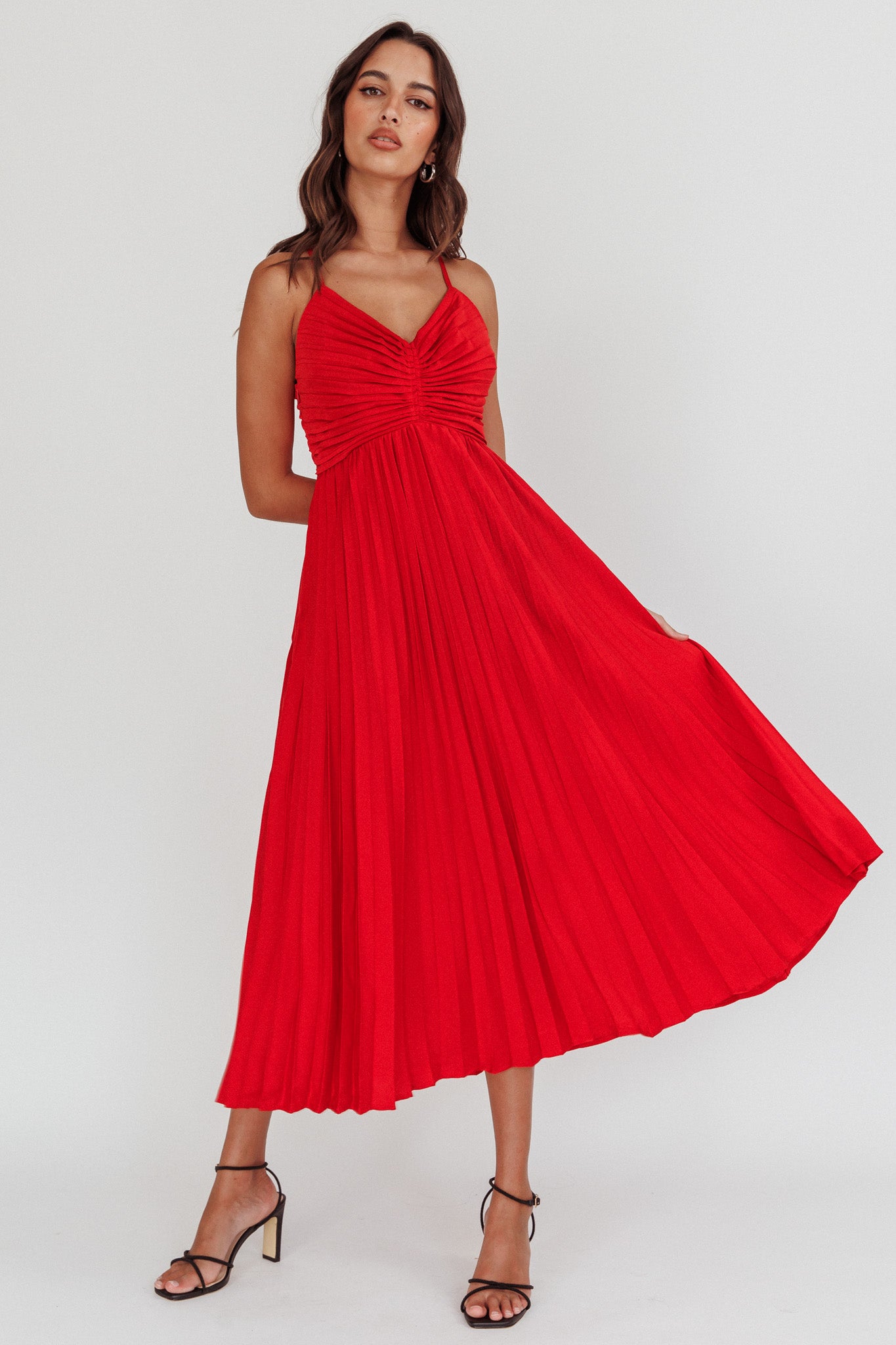Spoken For Accordion Pleat Midi Dress Red-Maymioy