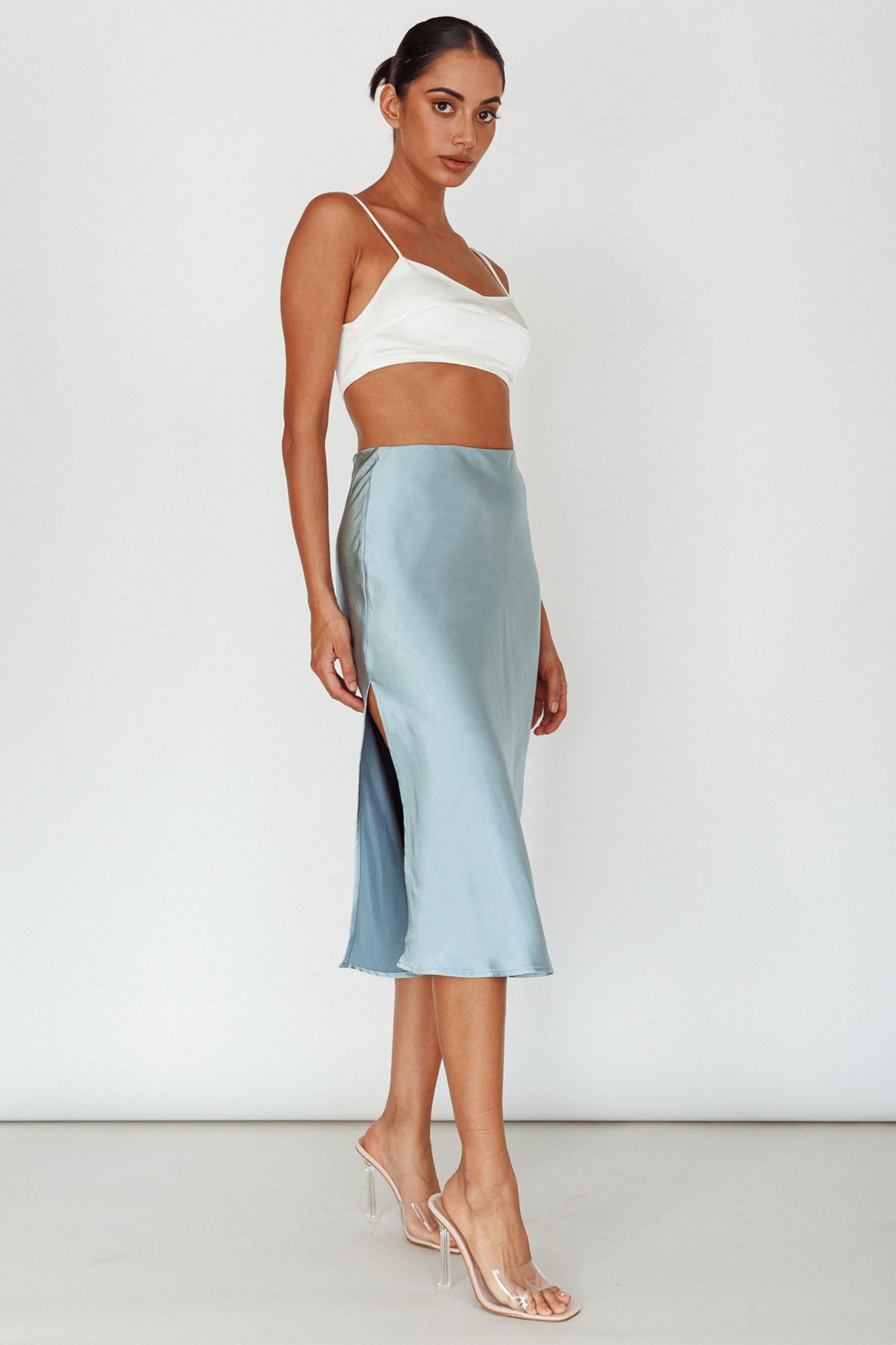 Daze Satin Midi Skirt Light Blue-Maymioy
