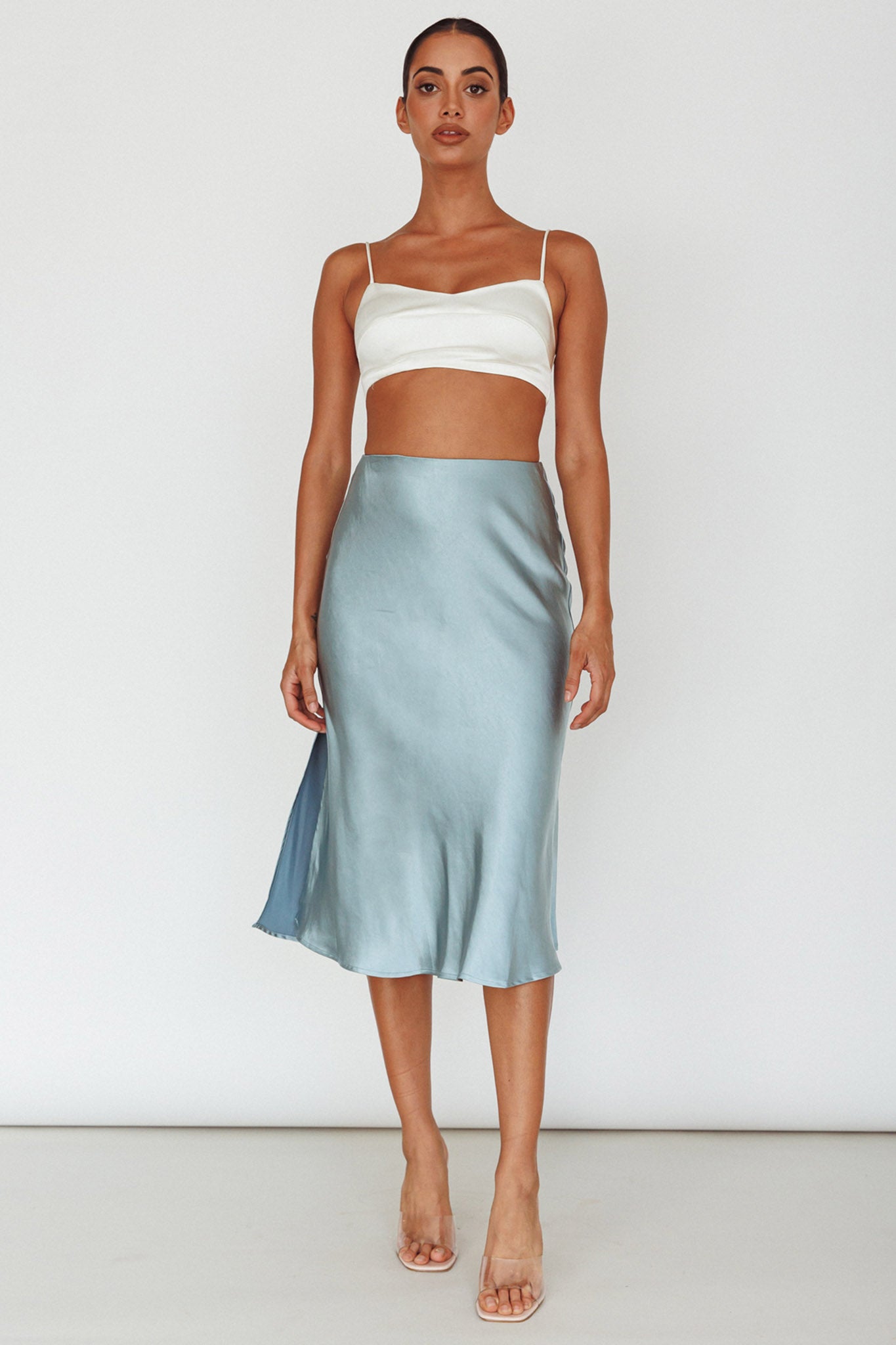 Daze Satin Midi Skirt Light Blue-Maymioy