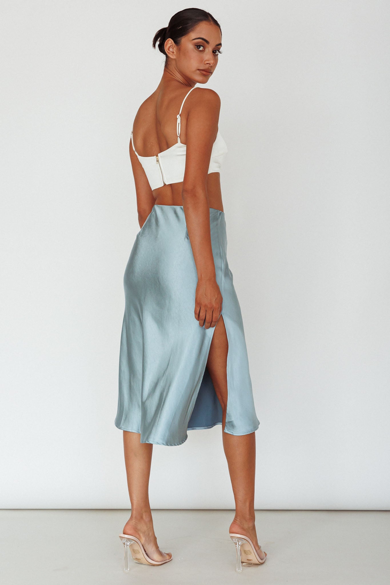 Daze Satin Midi Skirt Light Blue-Maymioy