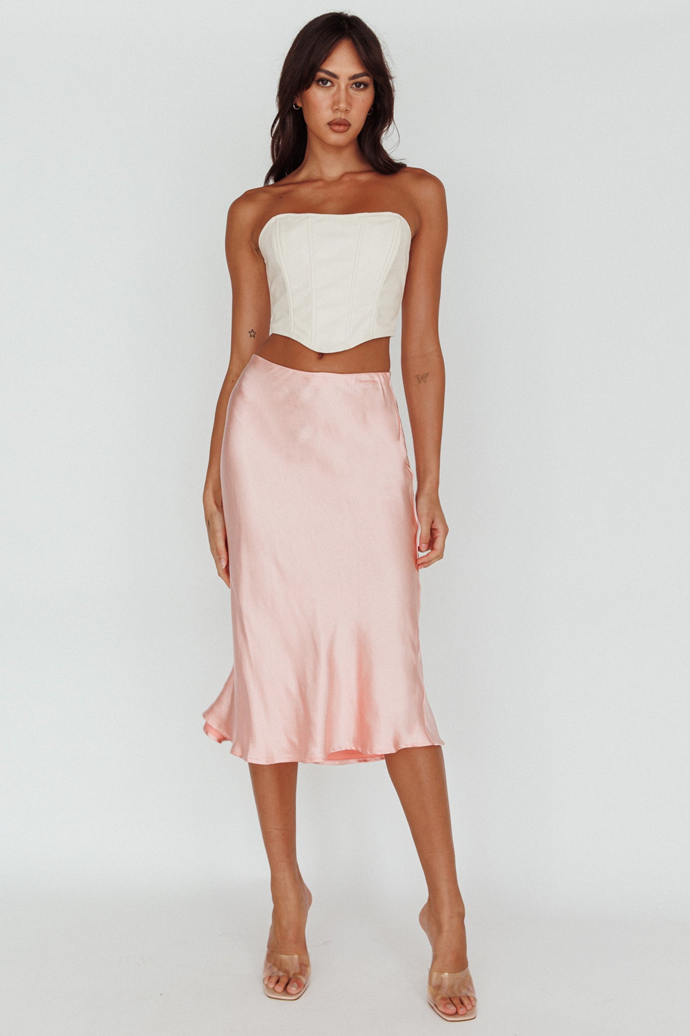 Daze Satin Midi Skirt Pink-Maymioy
