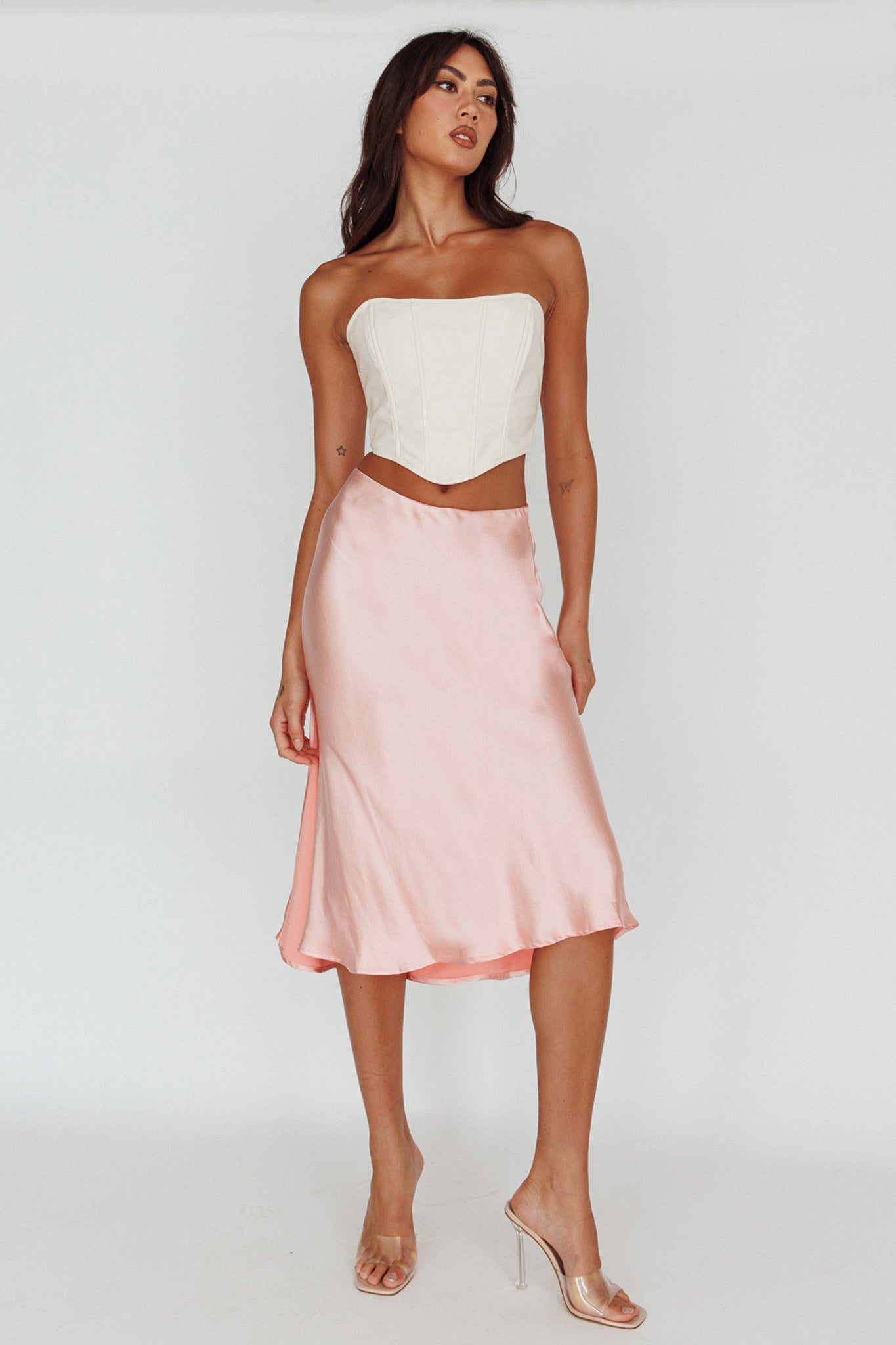 Daze Satin Midi Skirt Pink-Maymioy