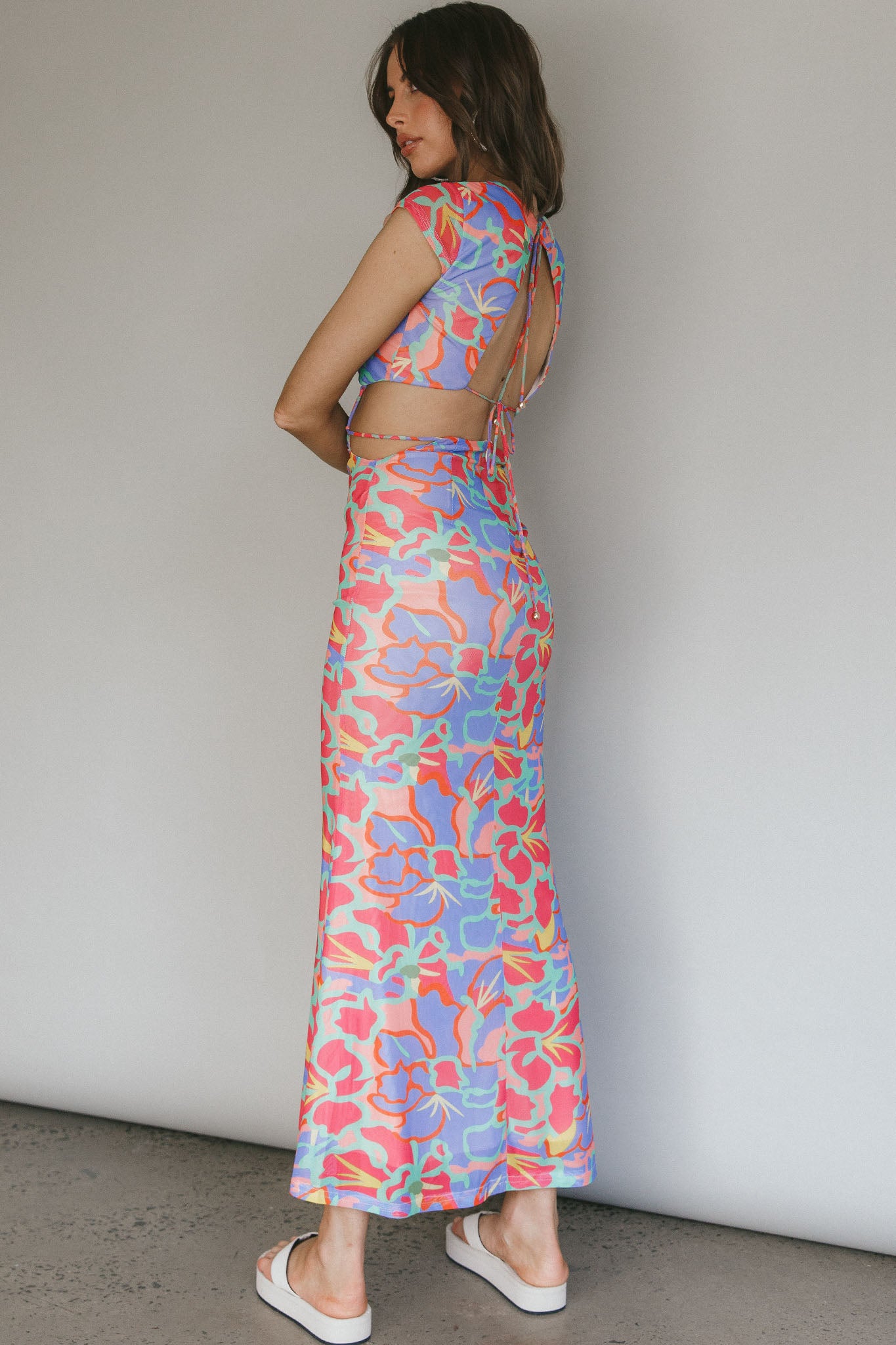 Capri Cap Sleeve String Maxi Dress Blue/Red-Maymioy