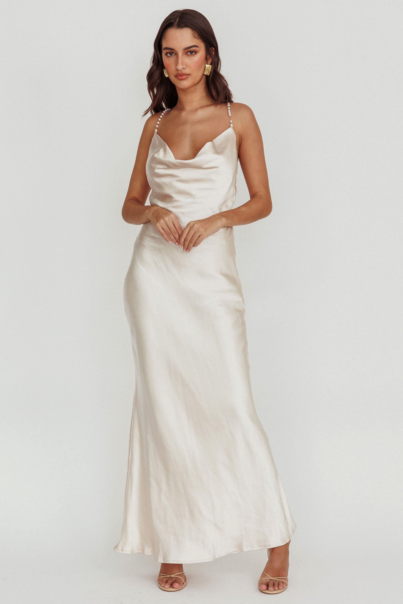 Danijela Cowl Neck Pearl Satin Maxi Dress Champagne-Maymioy