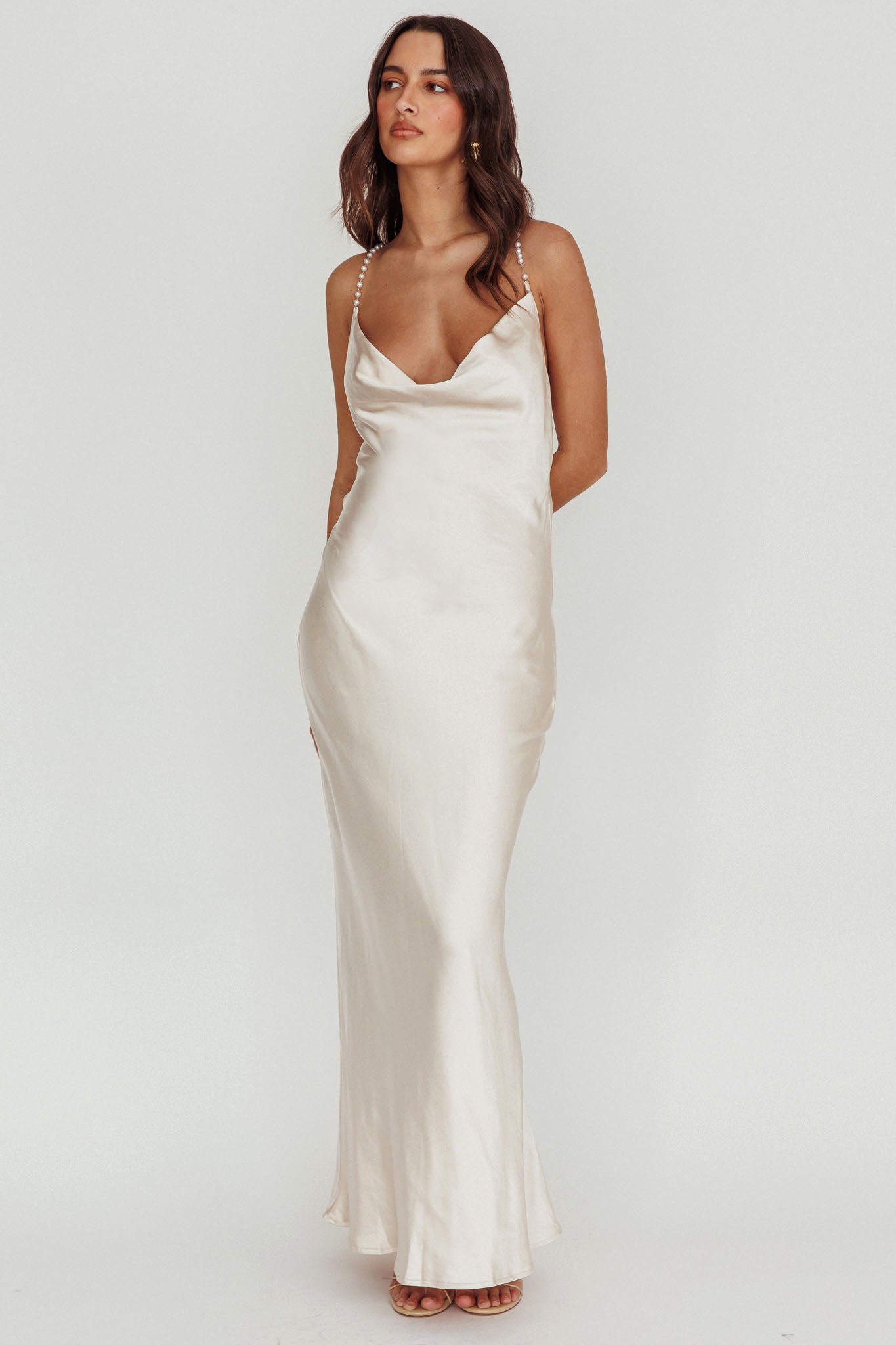 Danijela Cowl Neck Pearl Satin Maxi Dress Champagne-Maymioy