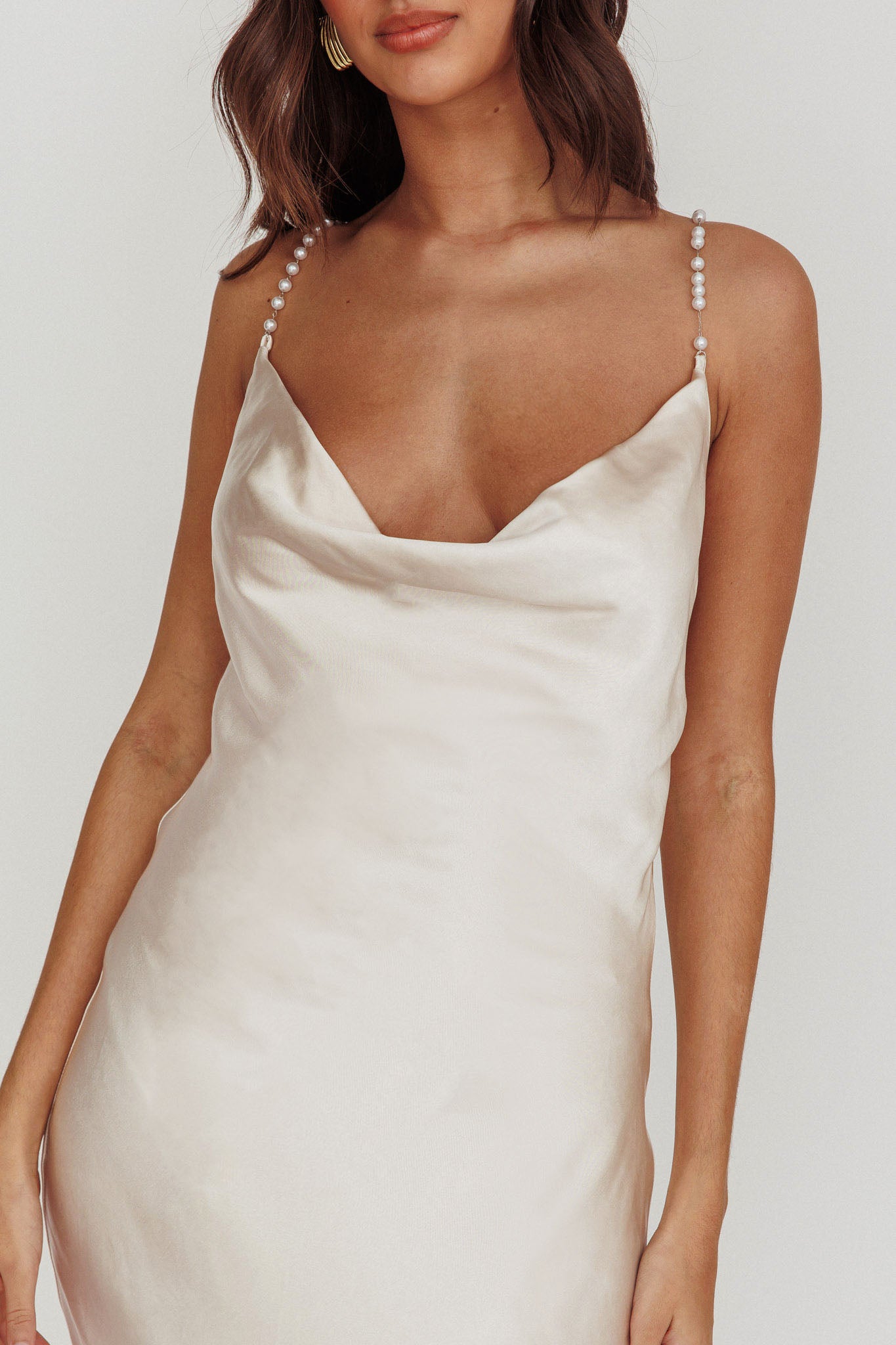 Danijela Cowl Neck Pearl Satin Maxi Dress Champagne-Maymioy