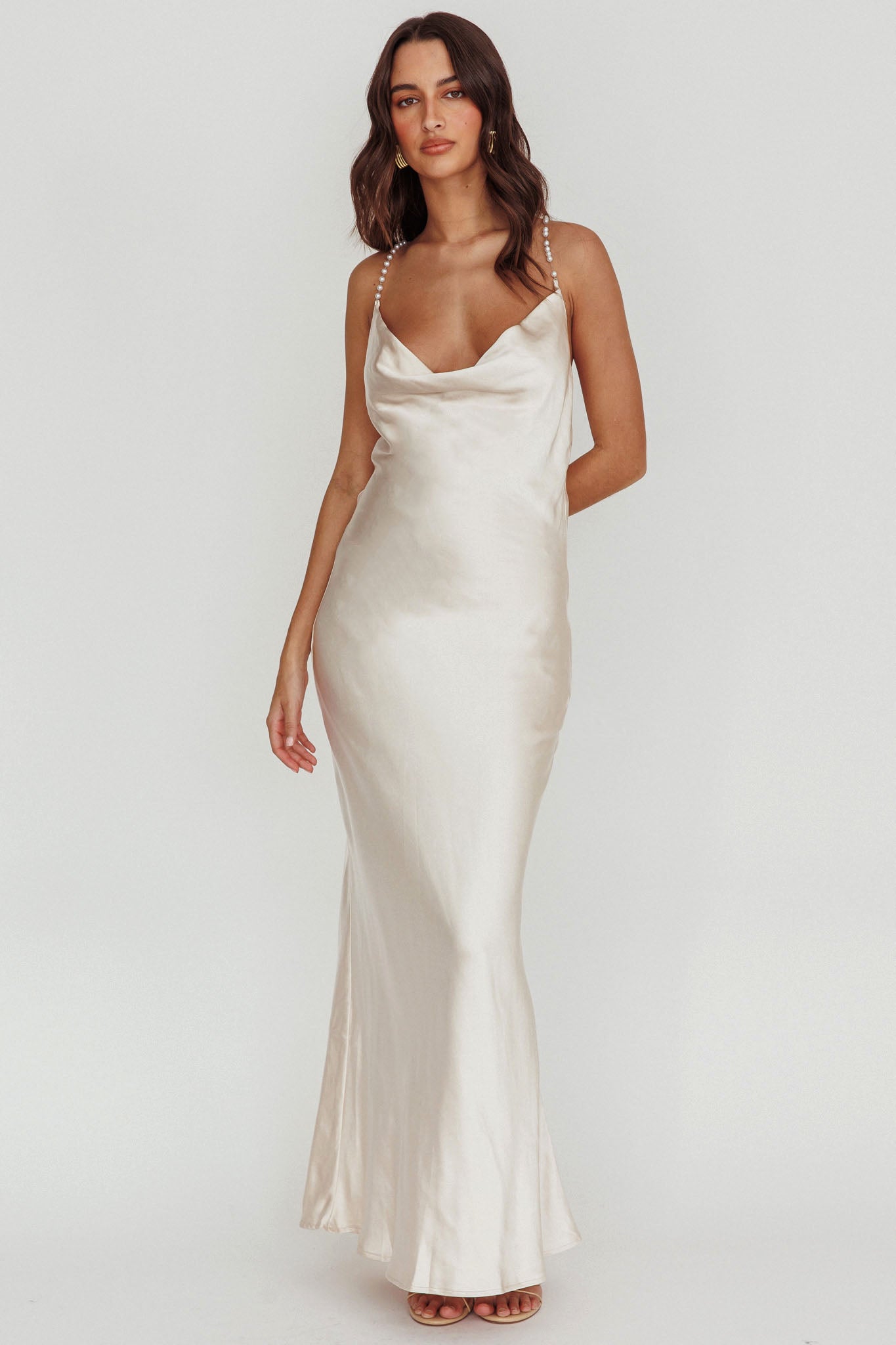 Danijela Cowl Neck Pearl Satin Maxi Dress Champagne-Maymioy