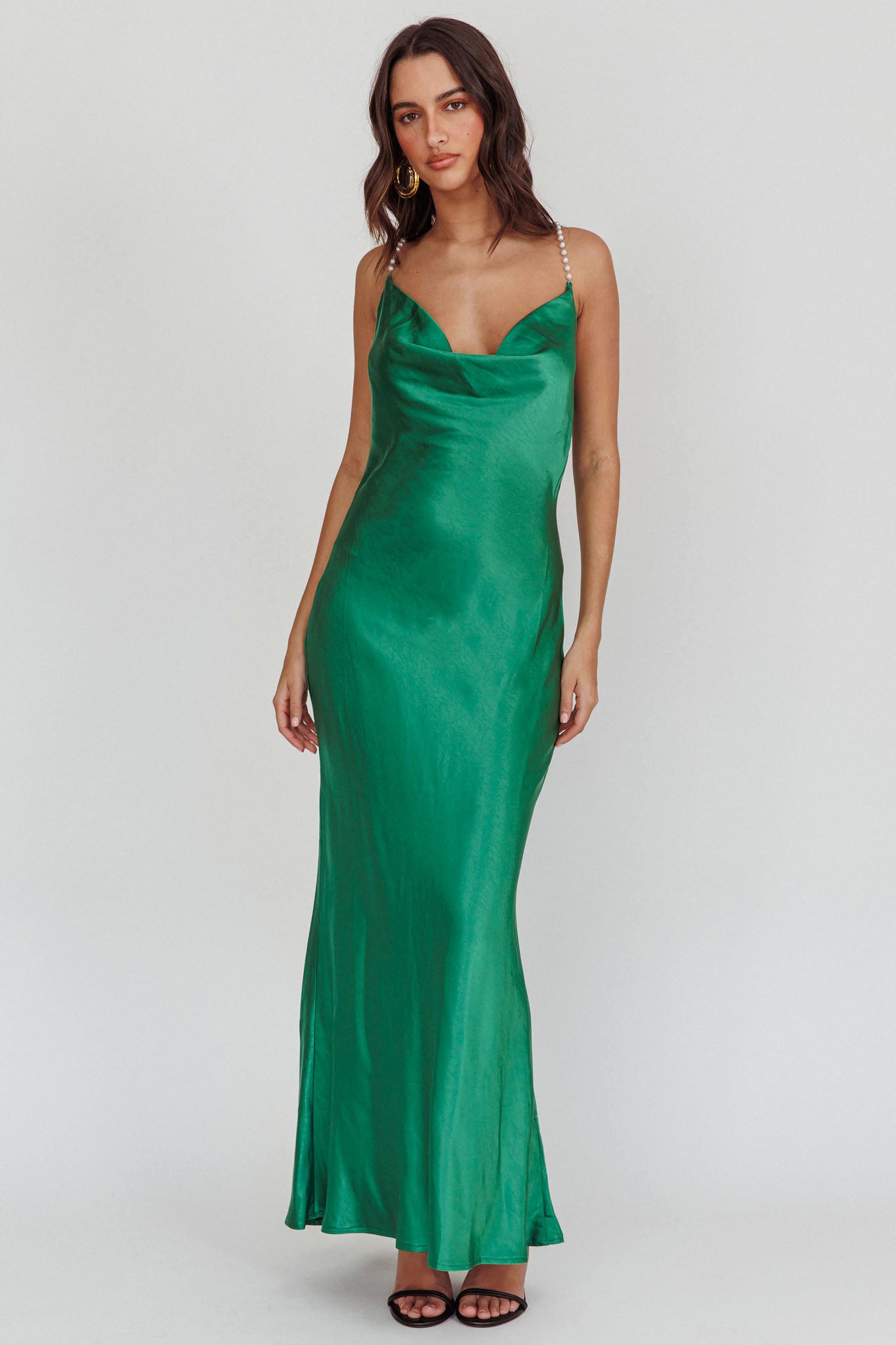 Danijela Cowl Neck Pearl Satin Maxi Dress Emerald-Maymioy