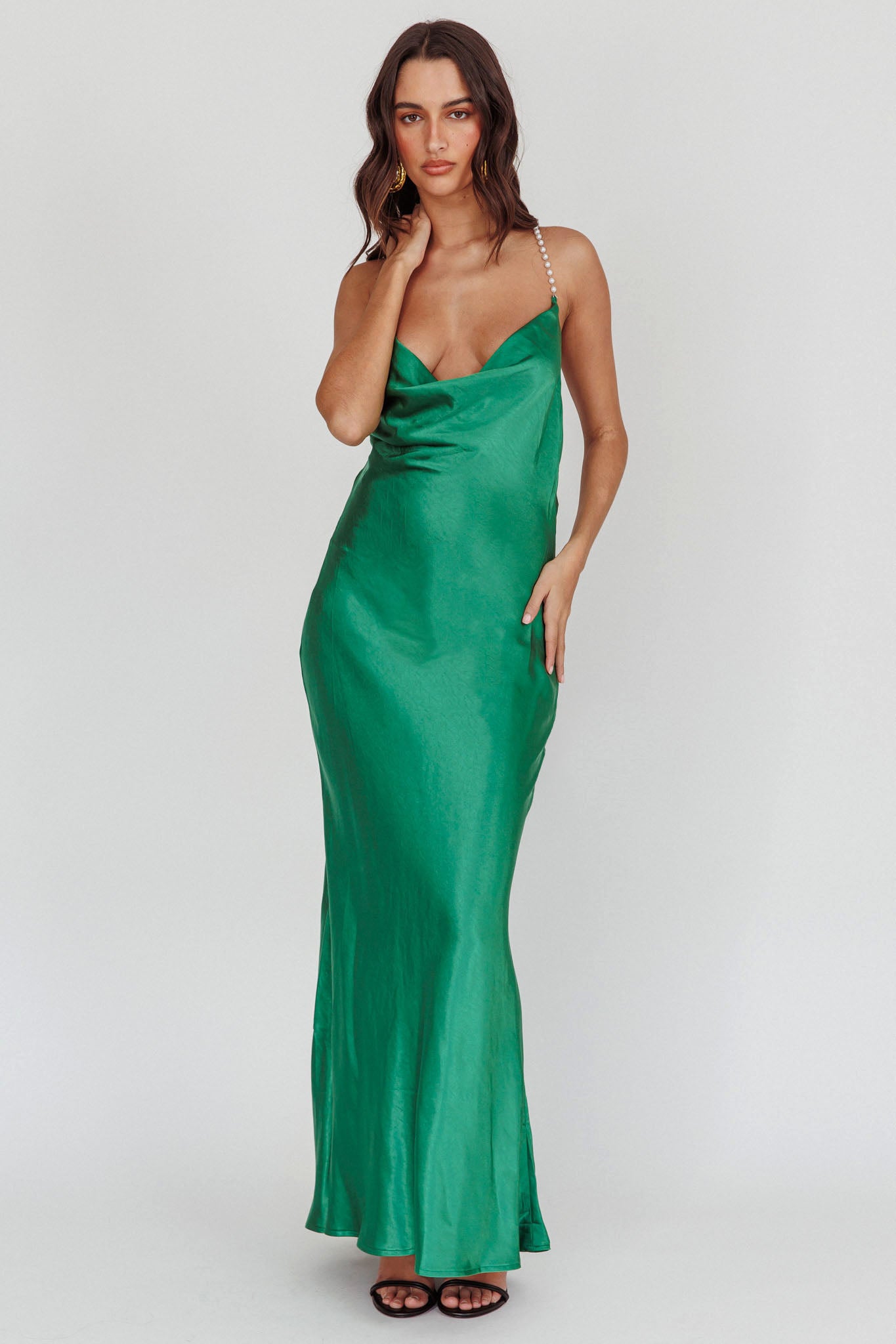 Danijela Cowl Neck Pearl Satin Maxi Dress Emerald-Maymioy